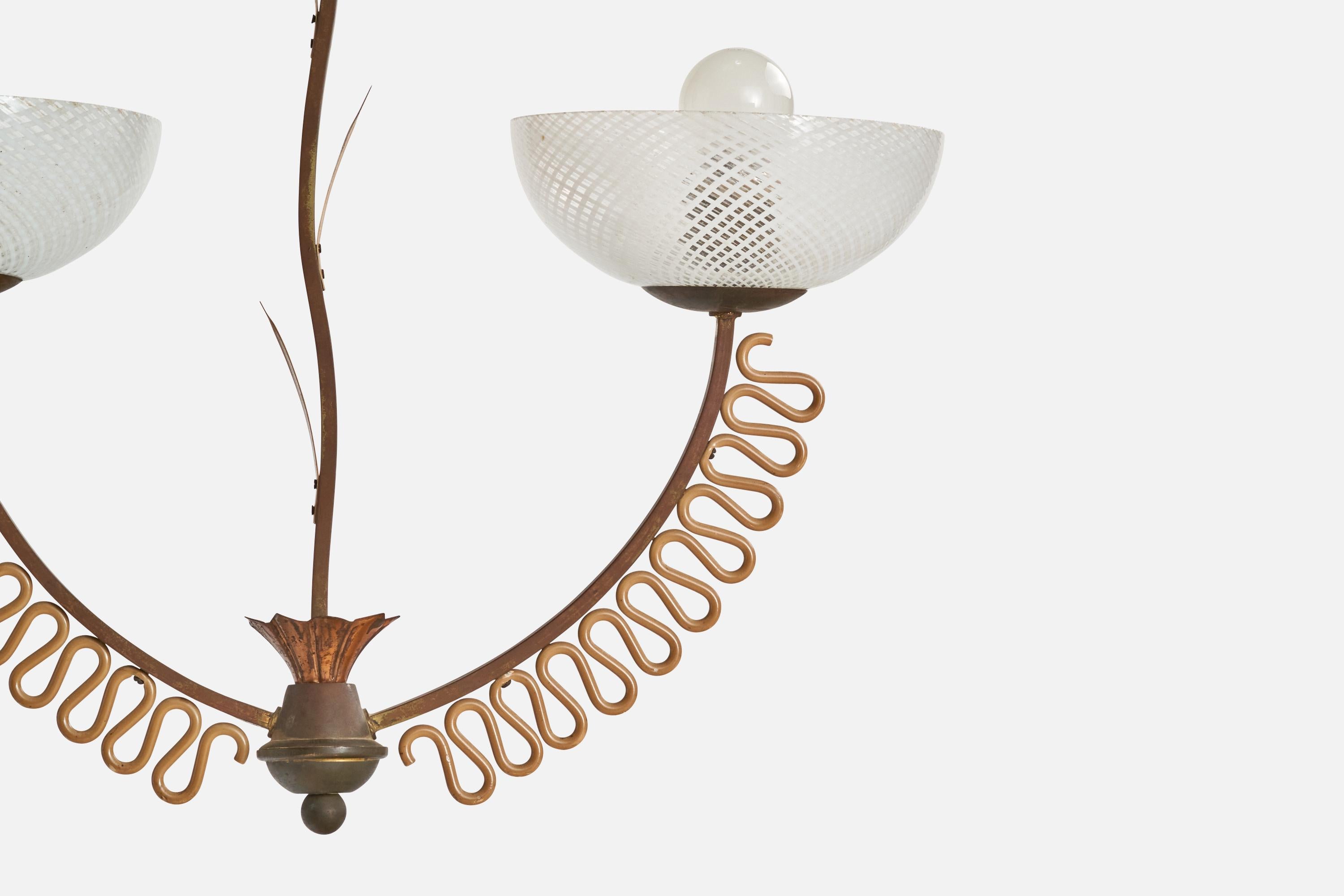 Italian Designer, Chandelier, Brass, Metal, Glass, Italy, 1930s For Sale 1