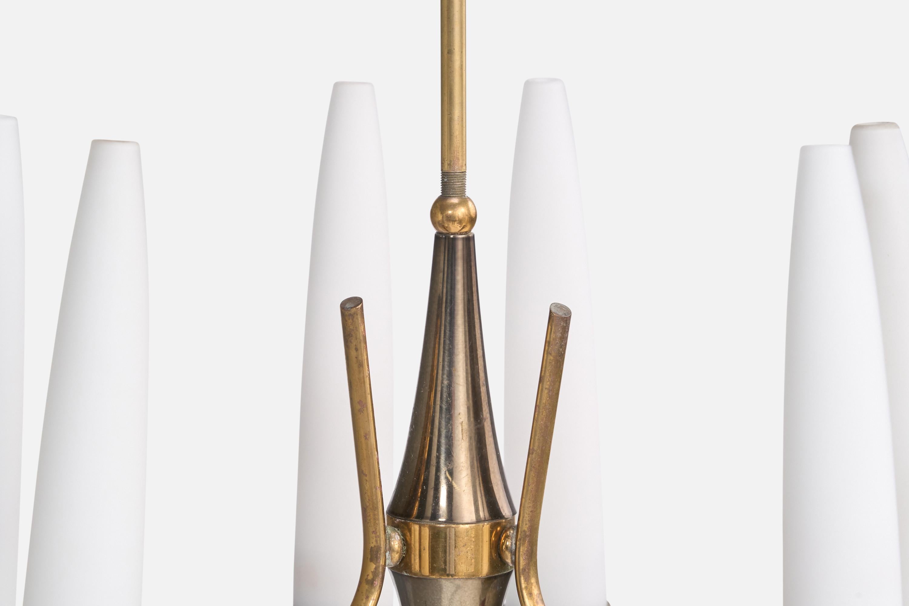 Italian Designer, Chandelier, Brass, Metal, Glass, Italy, 1950s For Sale 4
