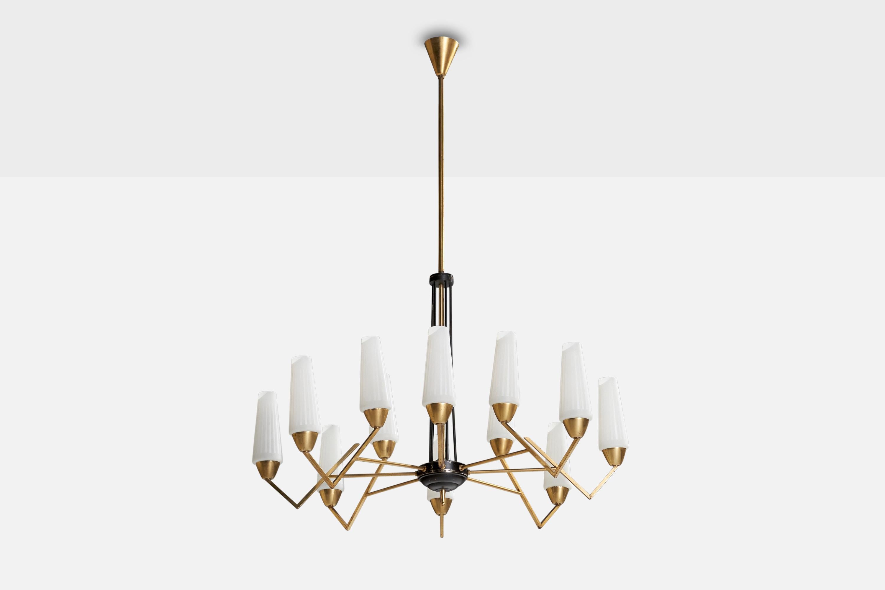 A brass, black-lacquered metal, opaline glass and brass chandelier designed and produced in Italy, 1950s.

Dimensions of canopy (inches): 3.75” H x 3.5” Diameter
Socket takes standard E-14 bulbs. 12 sockets.
There is no maximum wattage stated on the