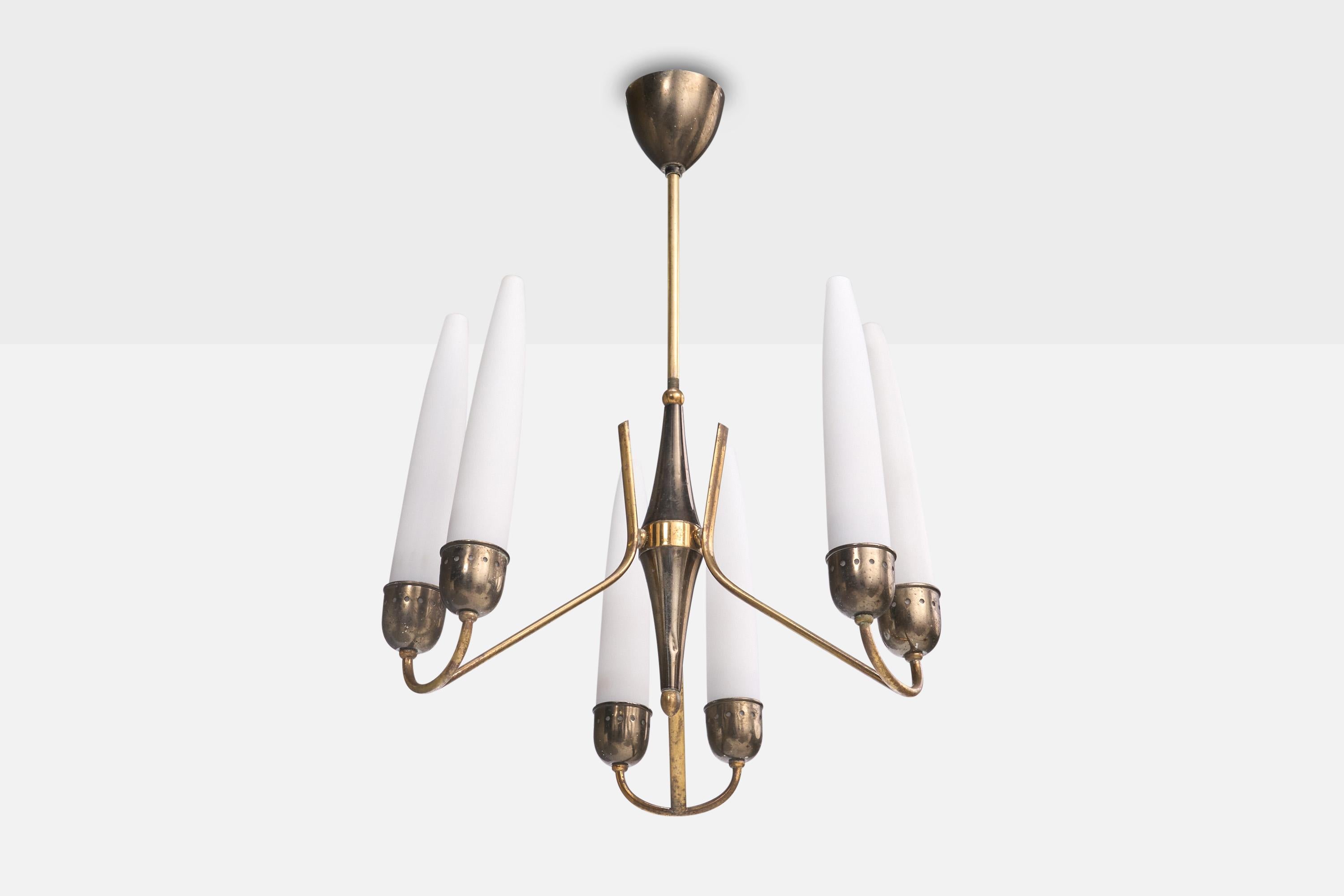 A brass and metal chandelier designed and produced in Italy, c. 1950s.

Overall Dimensions (inches): 22” H x 14.5” Diameter

Dimensions of Canopy: 3“ H x 2.75” Diameter 

Stem length: 9.75” H

Bulb Specifications: E-14

Number of Sockets: 6

Sold