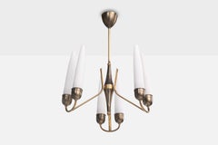 Italienischer Designer, Kronleuchter, Messing, Metall, Glas, Italien, 1950er Jahre