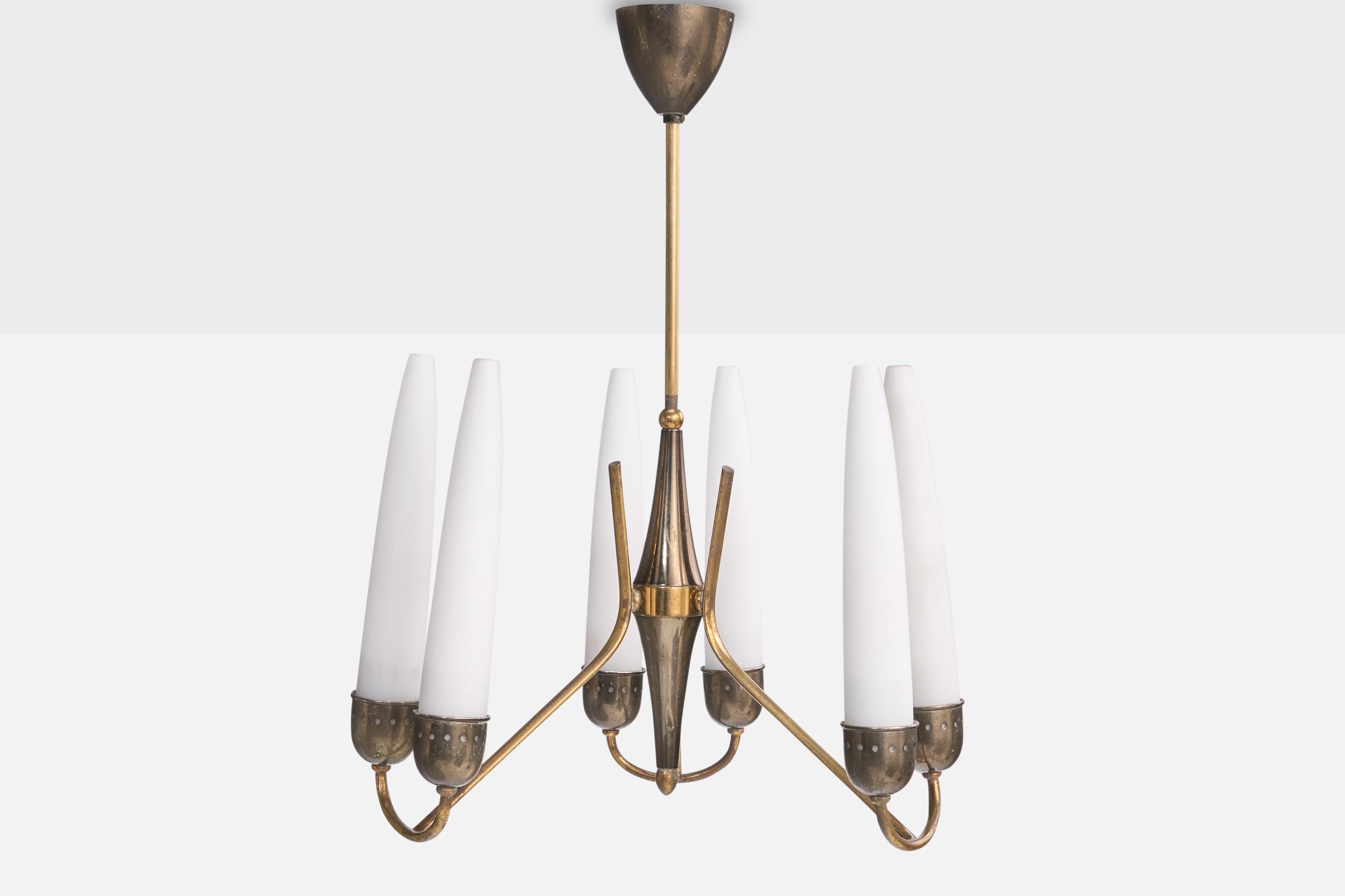 Mid-Century Modern Italian Designer, Chandelier, Brass, Metal, Glass, Italy, 1950s For Sale