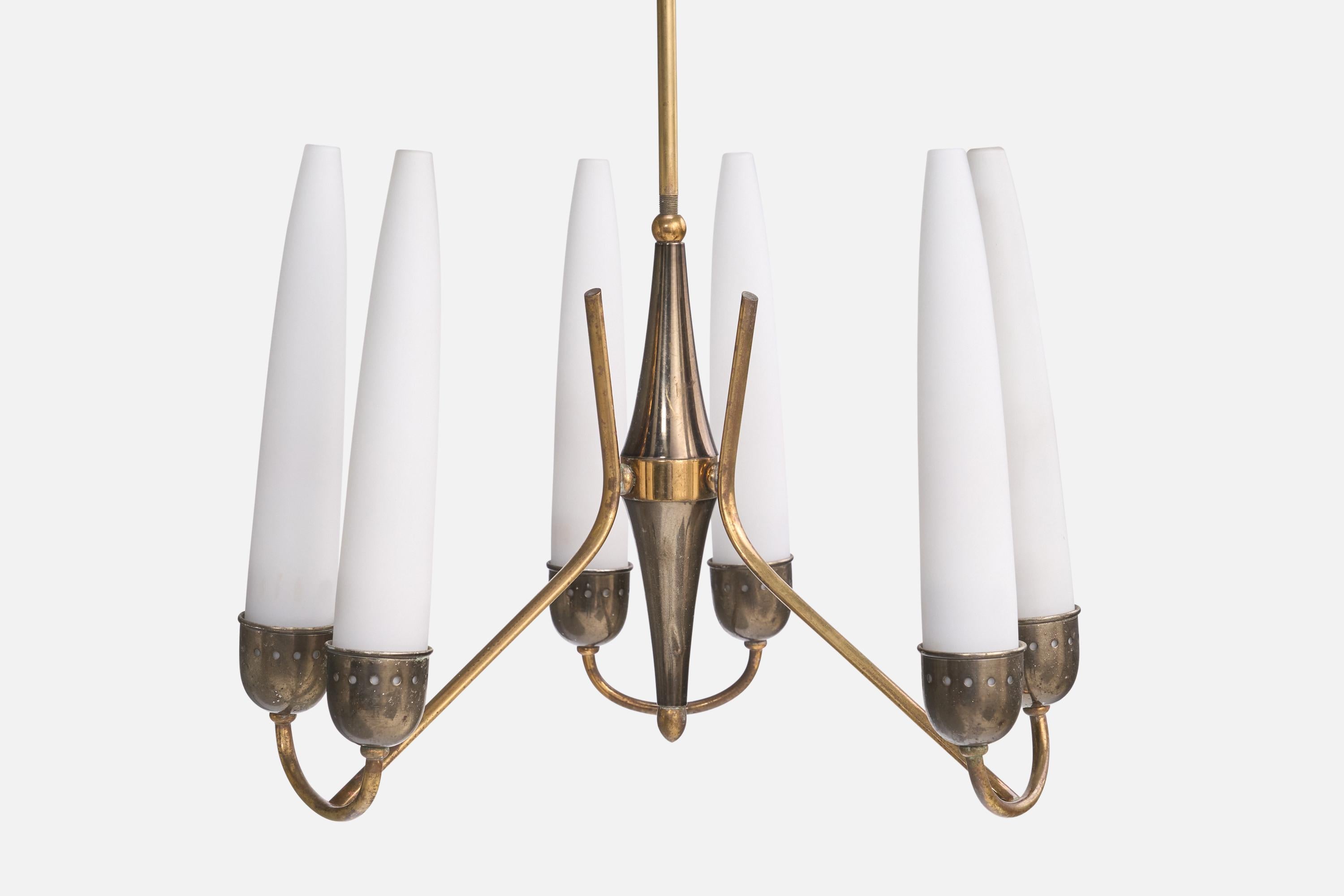 Italian Designer, Chandelier, Brass, Metal, Glass, Italy, 1950s In Good Condition For Sale In High Point, NC