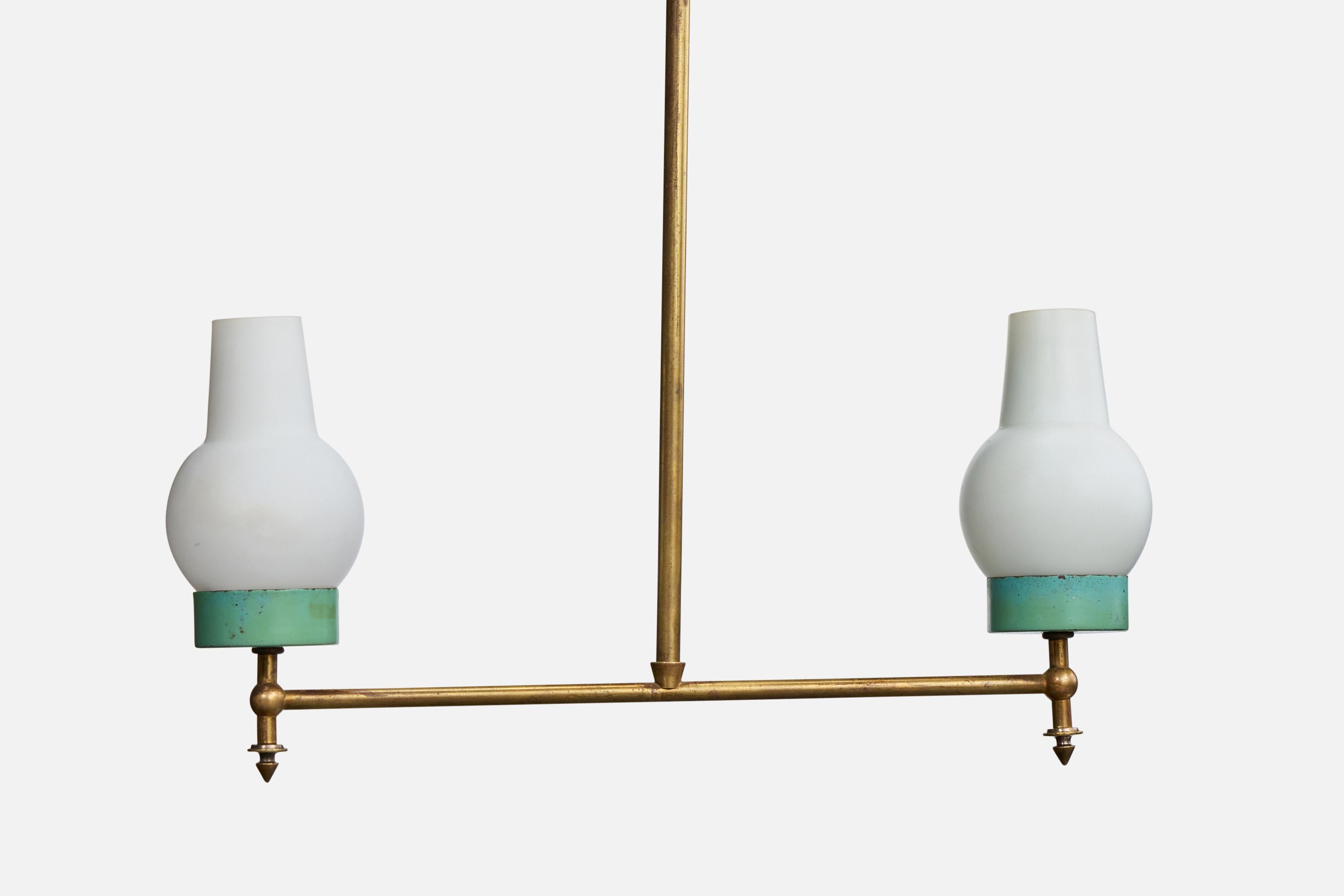 Italienischer Designer, Kronleuchter, Messing, Metall, Glas, Italien, 1950er Jahre (Mitte des 20. Jahrhunderts) im Angebot