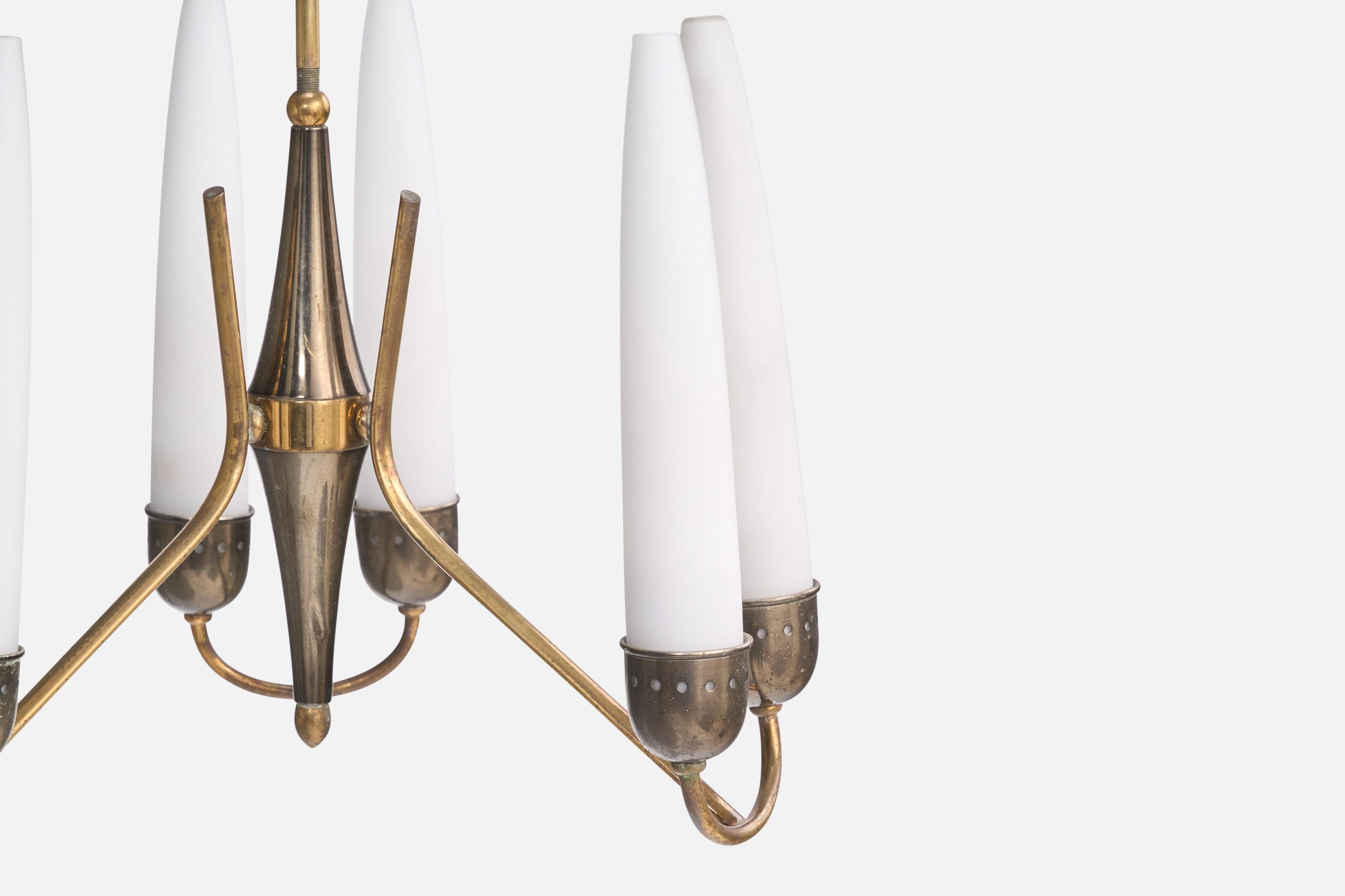 Mid-20th Century Italian Designer, Chandelier, Brass, Metal, Glass, Italy, 1950s For Sale