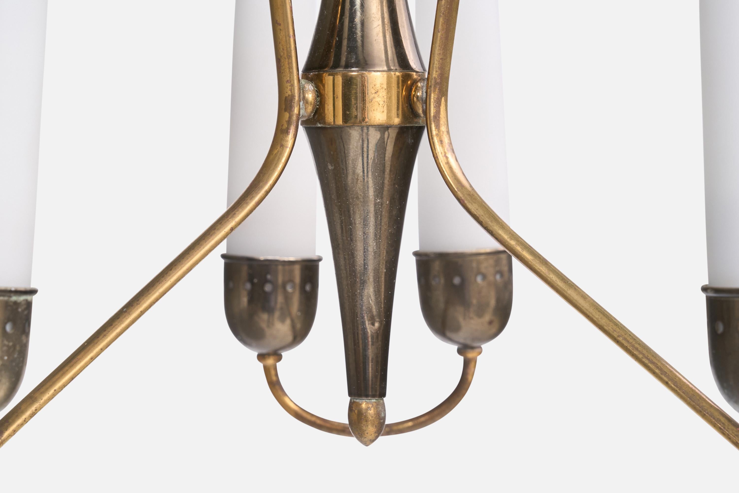 Italian Designer, Chandelier, Brass, Metal, Glass, Italy, 1950s For Sale 2