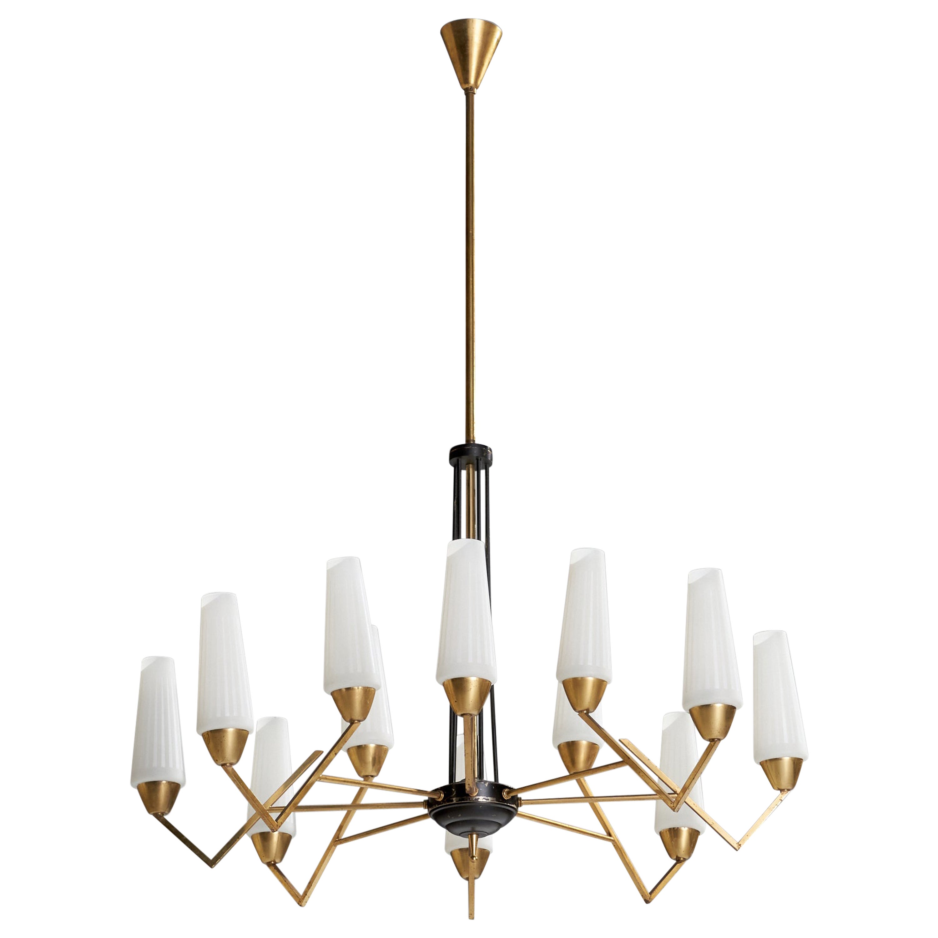 Lampadario di design italiano, ottone, metallo, vetro, Italia, anni '50