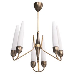 Lampadario di design italiano, ottone, metallo, vetro, Italia, anni '1950