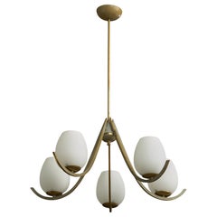 Italian Designer, Chandelier, Brass, Metal, Glass, Italy, 1950s