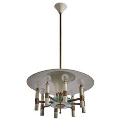 Lampadario di design italiano, ottone, metallo, vetro, Italia, anni '1950