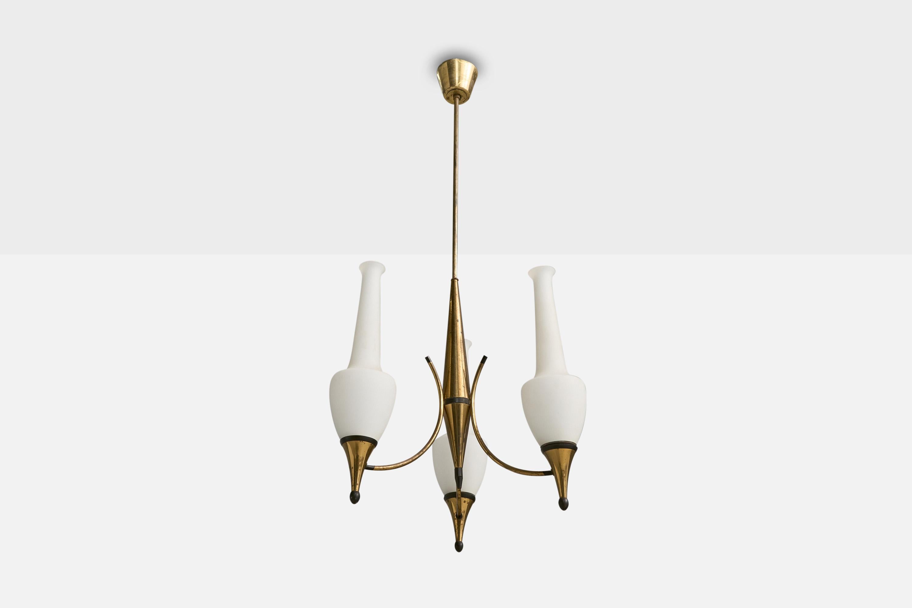 A brass, black lacquered metal and white opaline glass chandelier designed and produced in Italy, c. 1960s.

Heavy oxidation present throughout brass.

Overall Dimensions (inches): 37” H x 16” Diameter

Dimensions of Canopy: 2.5“ H x 3.5”
