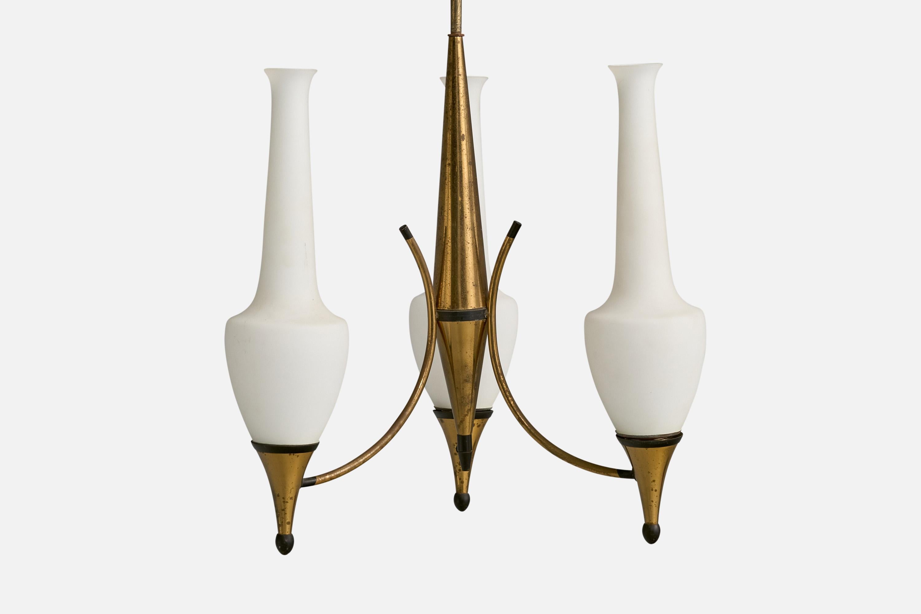 Italian Designer, Chandelier, Brass, Metal, Glass, Italy, 1960s For Sale 1