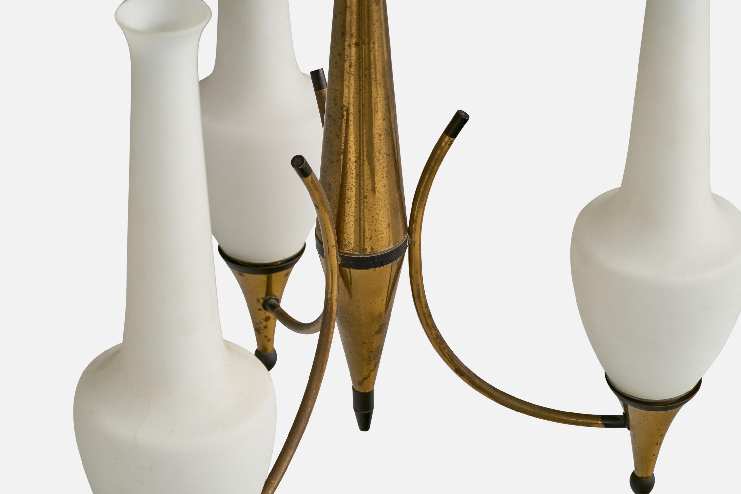 Italian Designer, Chandelier, Brass, Metal, Glass, Italy, 1960s For Sale 4
