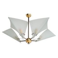 Italian Designer, Chandelier, Brass, Metal, Glass, Italy, 1970s