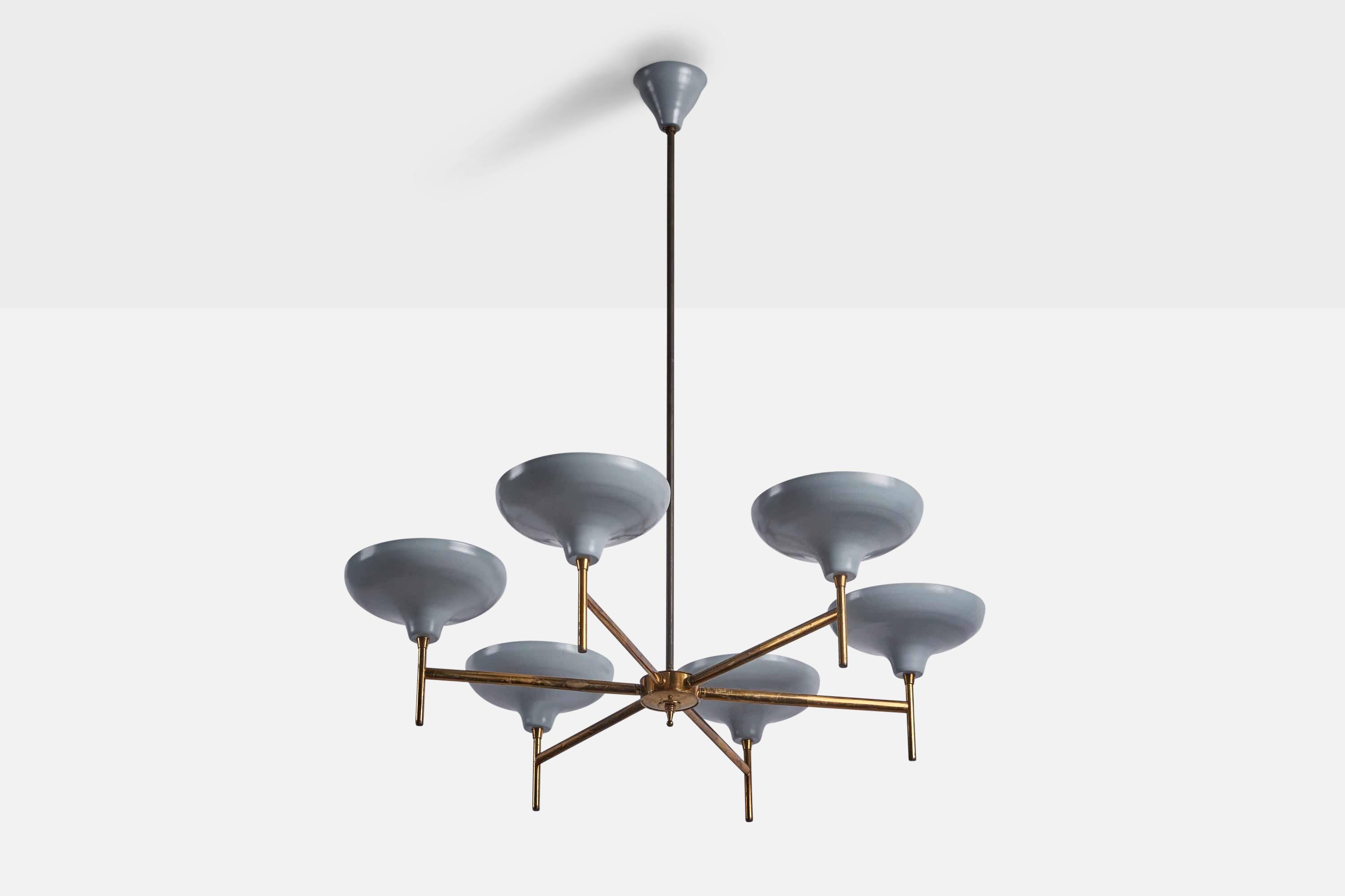 A six-armed brass and grey-lacquered metal chandelier designed and produced in Italy, 1950s.

Overall Dimensions (inches): 37” H x 30” Diameter

Bulb Specifications: E-26 Bulb

Number of Sockets: 6