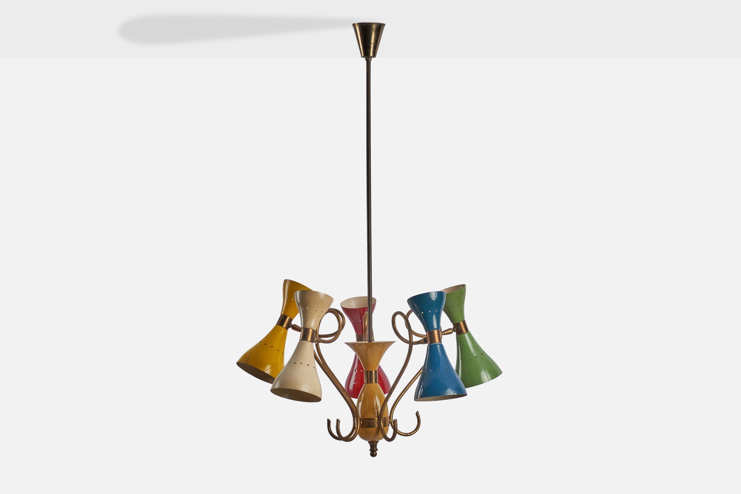 
An adjustable multi-color-lacquered metal and brass chandelier designed and produced in Italy, 1950s.
Overall Dimensions (inches): 33.5” H x 22.25” D
Bulb Specifications: E-26 Bulb
Number of Sockets: 1
All lighting will be converted for US usage.