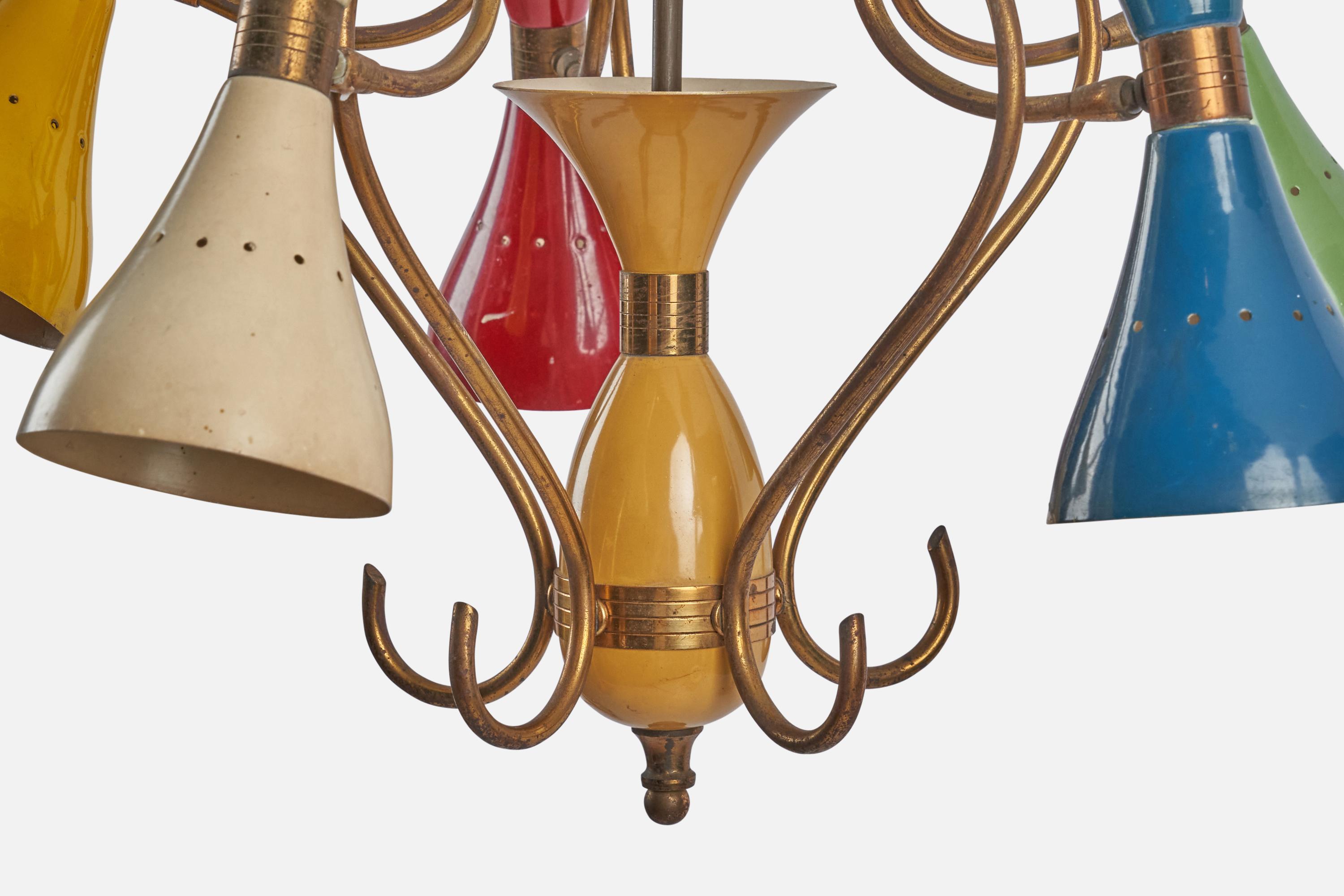 Mid-20th Century Italian Designer, Chandelier, Brass, Metal, Italy, 1950s For Sale