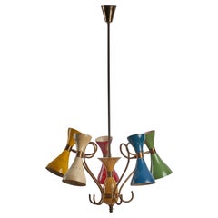 Italian Designer, Chandelier, Brass, Metal, Italy, 1950s