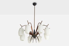 Lampadario di design italiano, ottone, metallo, teak, vetro, Italia, anni '50