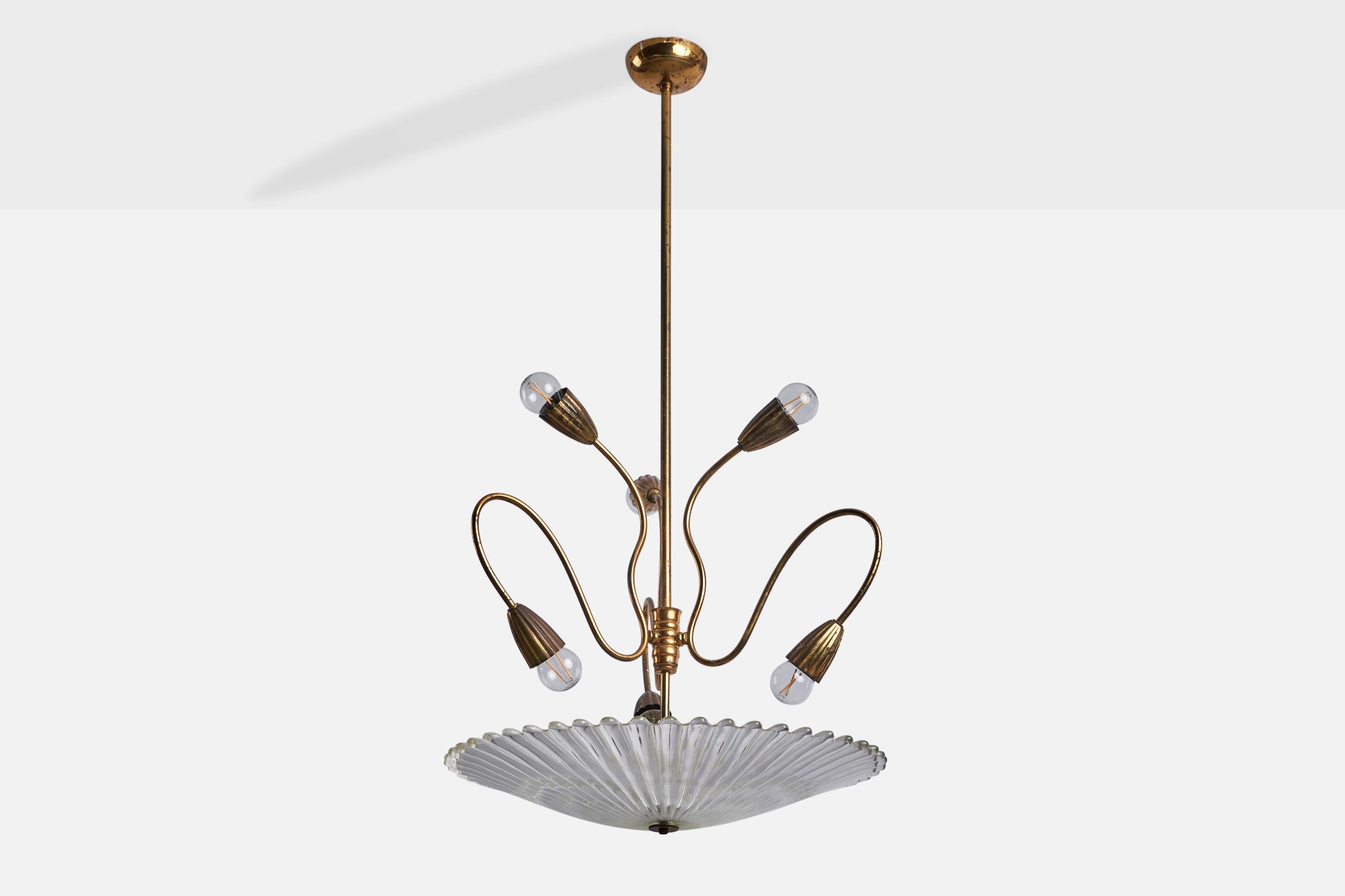 A brass and Murano glass chandelier, designed and produced in Italy, c. 1930s.

Overall Dimensions (inches): 22” H x 23” Diameter
Bulb Specifications: E-26 Bulb
Number of Sockets: 5