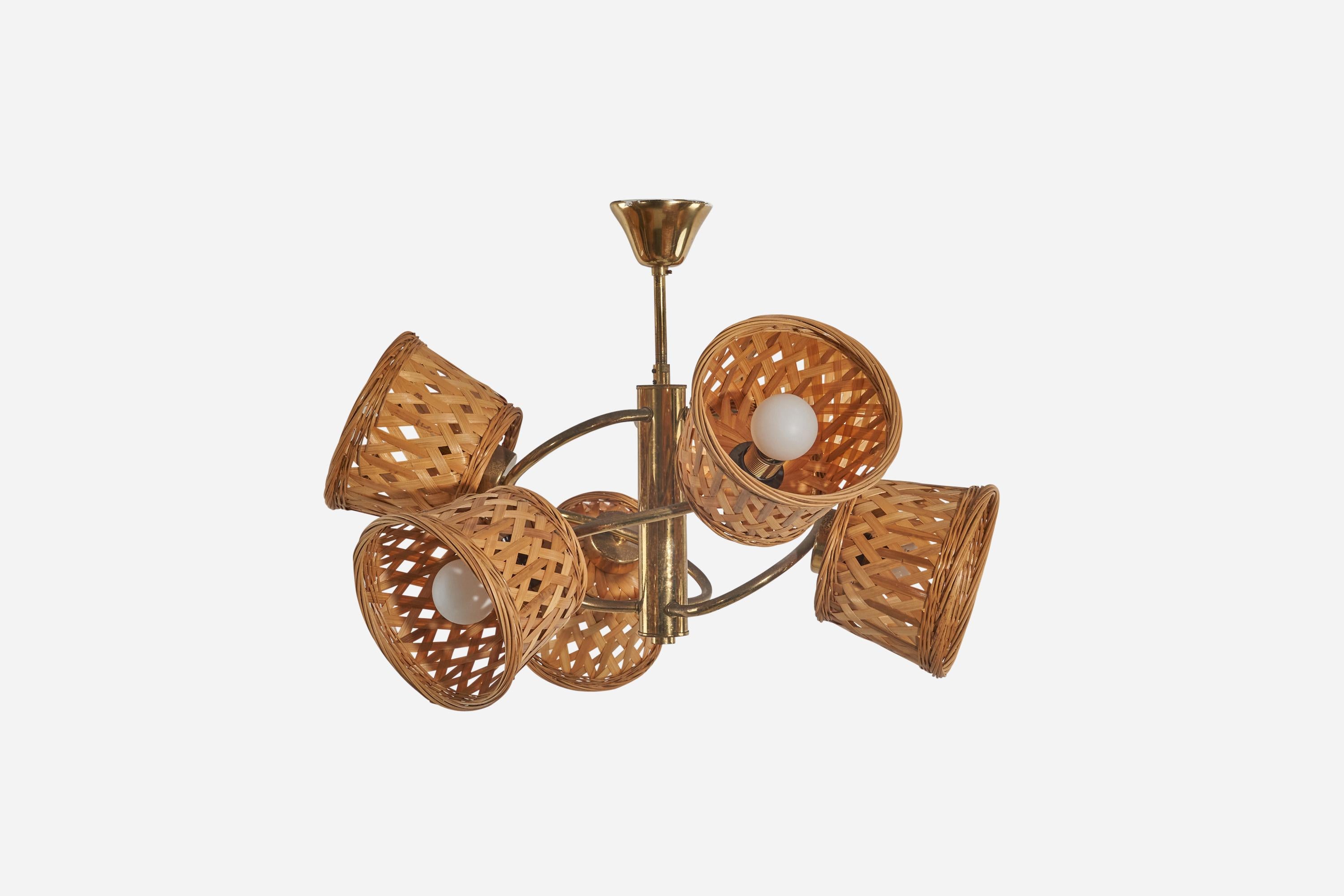 Mid-Century Modern Italian Designer, Chandelier, Brass, Rattan, Italy, 1950s For Sale