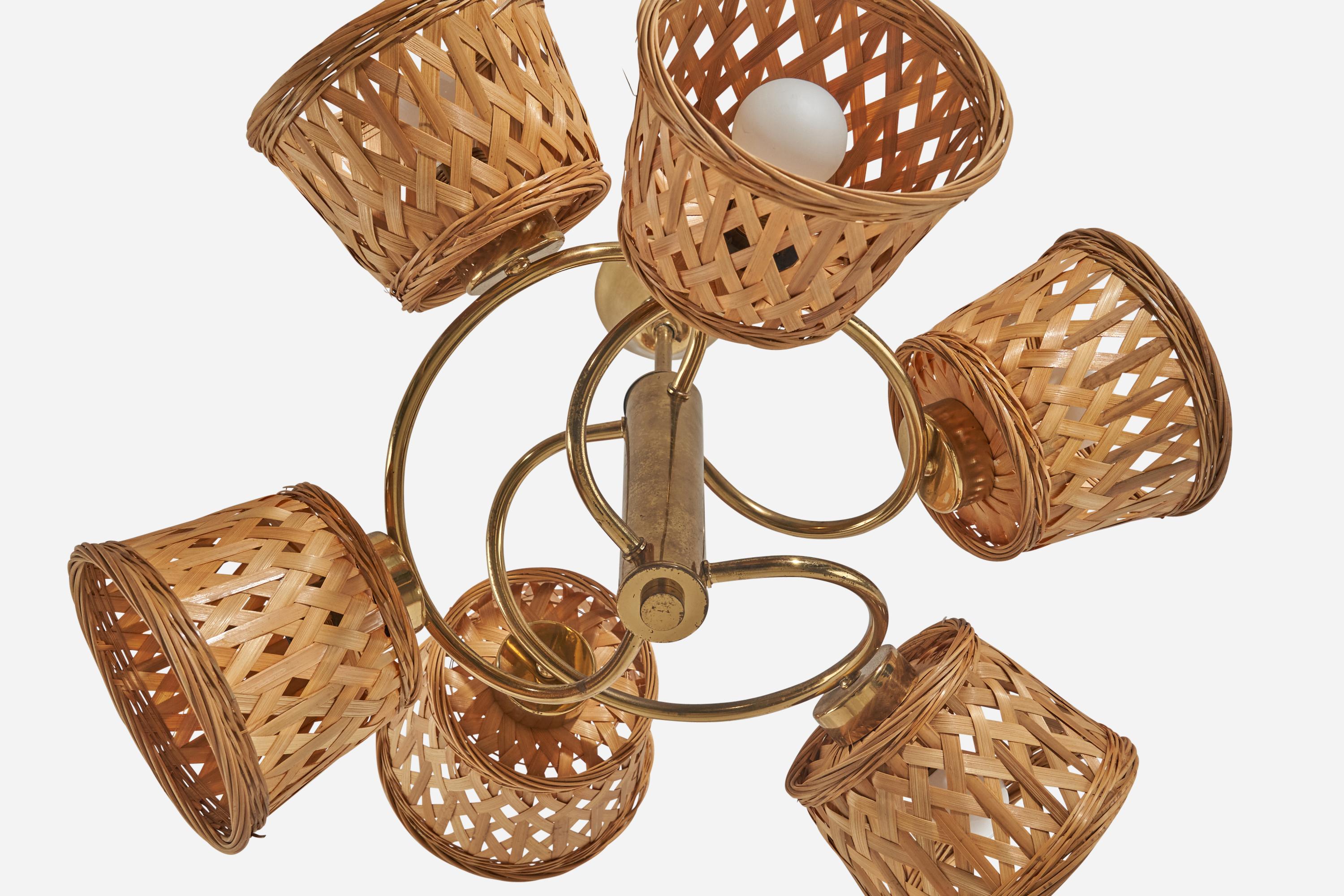 Italian Designer, Chandelier, Brass, Rattan, Italy, 1950s In Good Condition For Sale In High Point, NC