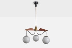 Italian Designer, Chandelier, Brass, Wood, Metal, Glass, Italy, 1950s