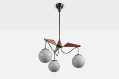 Italian Designer, Chandelier, Brass, Wood, Metal, Glass, Italy, 1950s