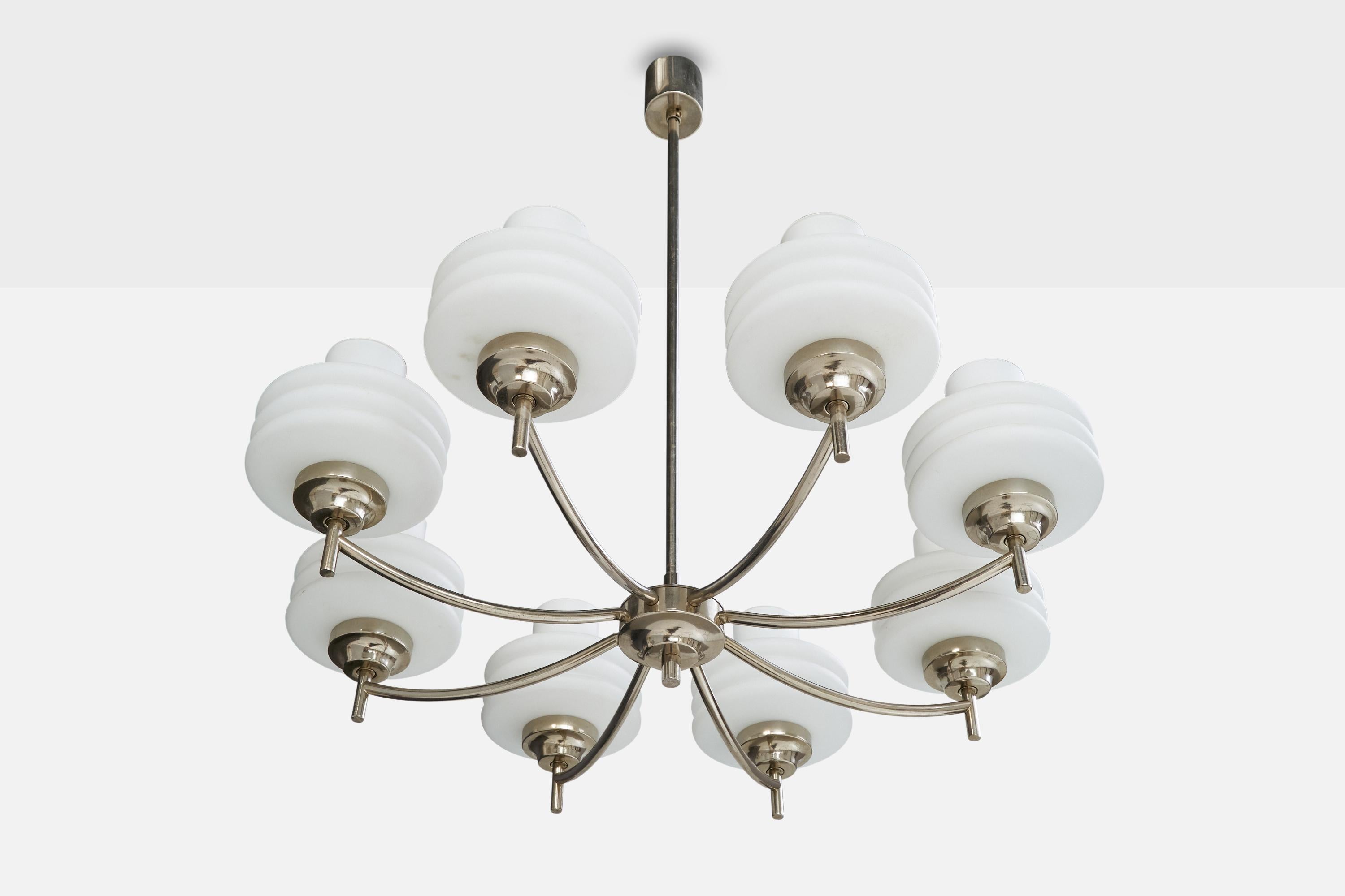 A chrome metal and white opaline glass chandelier designed and produced in Italy, c. 1940s.

Overall Dimensions (inches): 33.5” H x 31” Diameter

Dimensions of Canopy: 2.9” H x 2.9” Diameter 

Stem length: 25.75” H

Bulb Specifications: