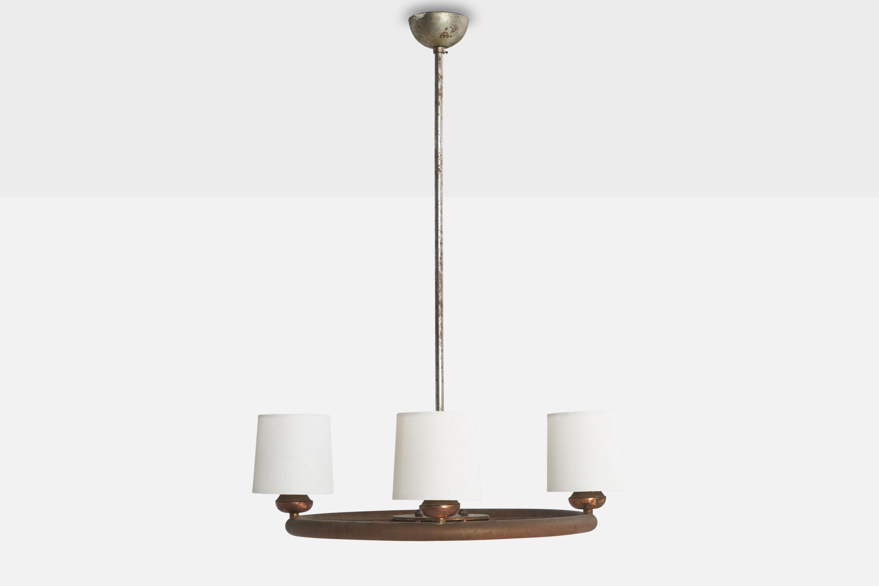Italian Designer, Chandelier, Copper, Brass, Metal, Fabric, Italy, 1930s In Fair Condition For Sale In High Point, NC