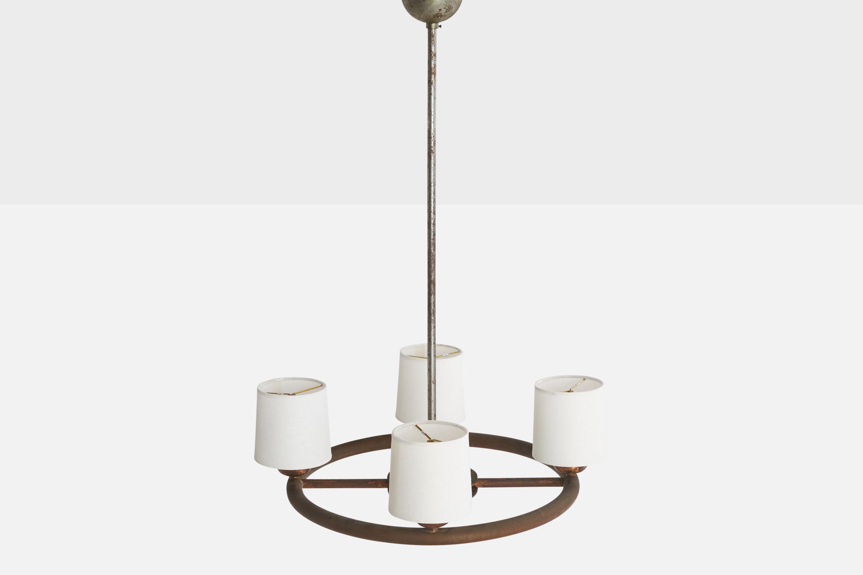 Mid-20th Century Italian Designer, Chandelier, Copper, Brass, Metal, Fabric, Italy, 1930s For Sale