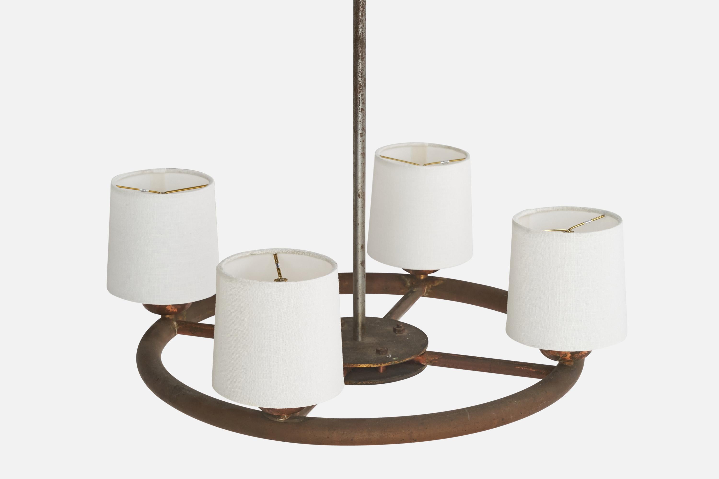 Italian Designer, Chandelier, Copper, Brass, Metal, Fabric, Italy, 1930s For Sale 1