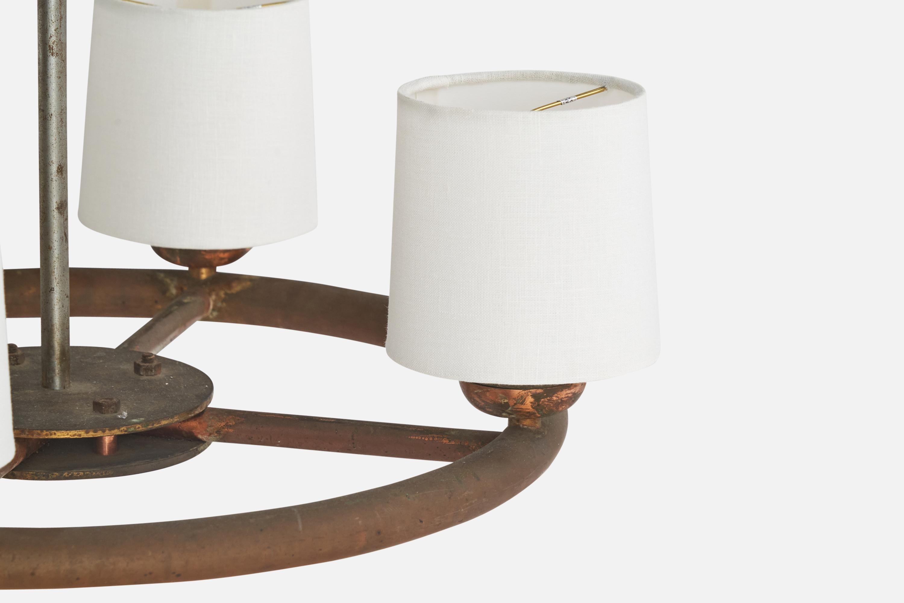 Italian Designer, Chandelier, Copper, Brass, Metal, Fabric, Italy, 1930s For Sale 2
