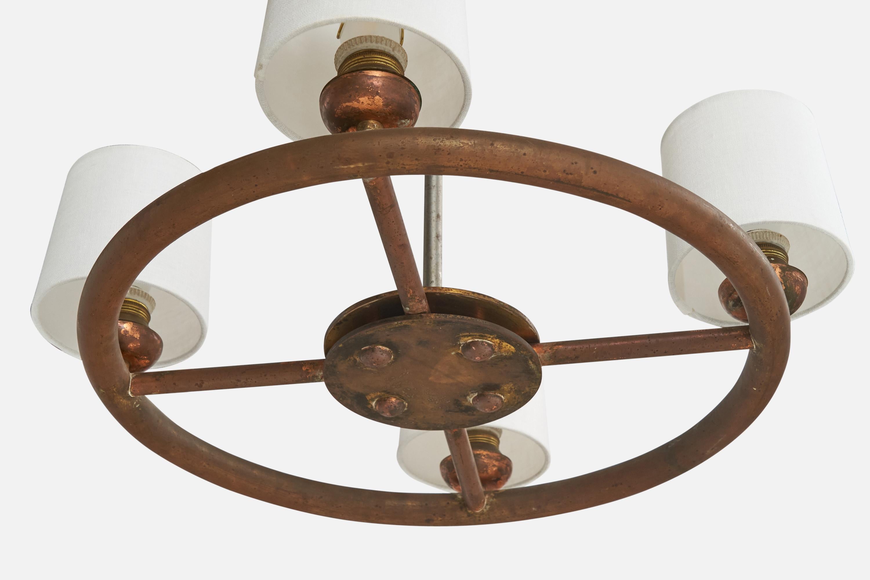 Italian Designer, Chandelier, Copper, Brass, Metal, Fabric, Italy, 1930s For Sale 3