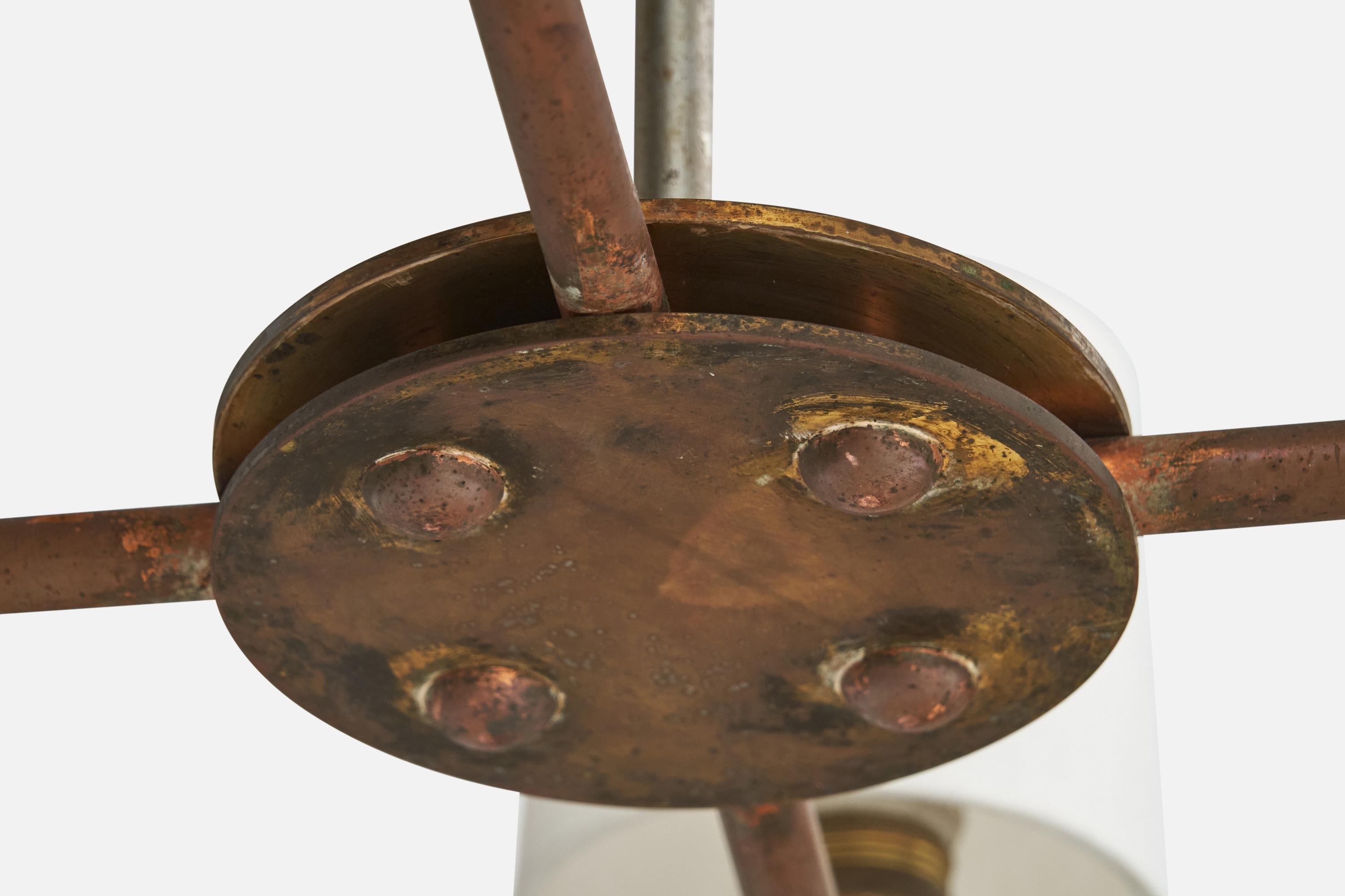 Italian Designer, Chandelier, Copper, Brass, Metal, Fabric, Italy, 1930s For Sale 4