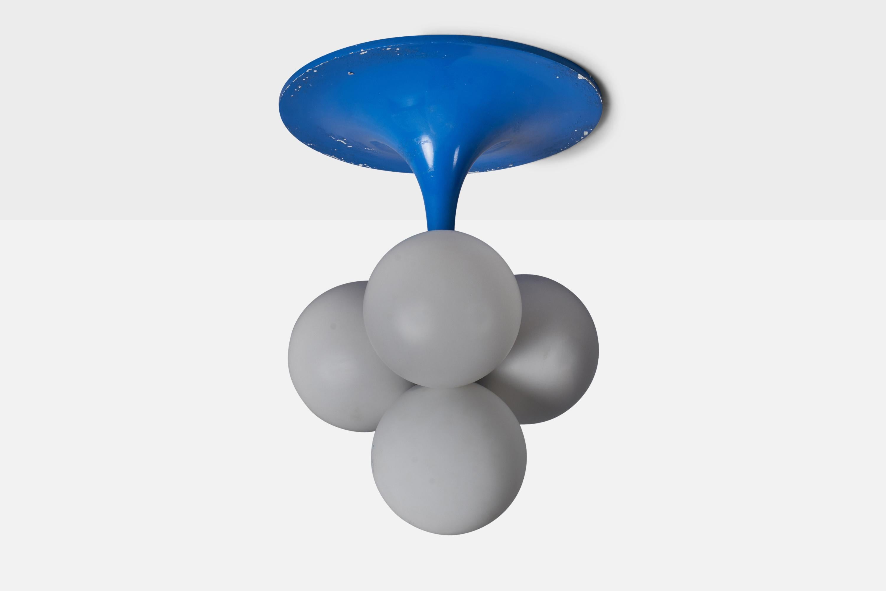 A blue-lacquered metal and glass chandelier designed and produced in Italy, 1960s.

Overall Dimensions (inches): 21