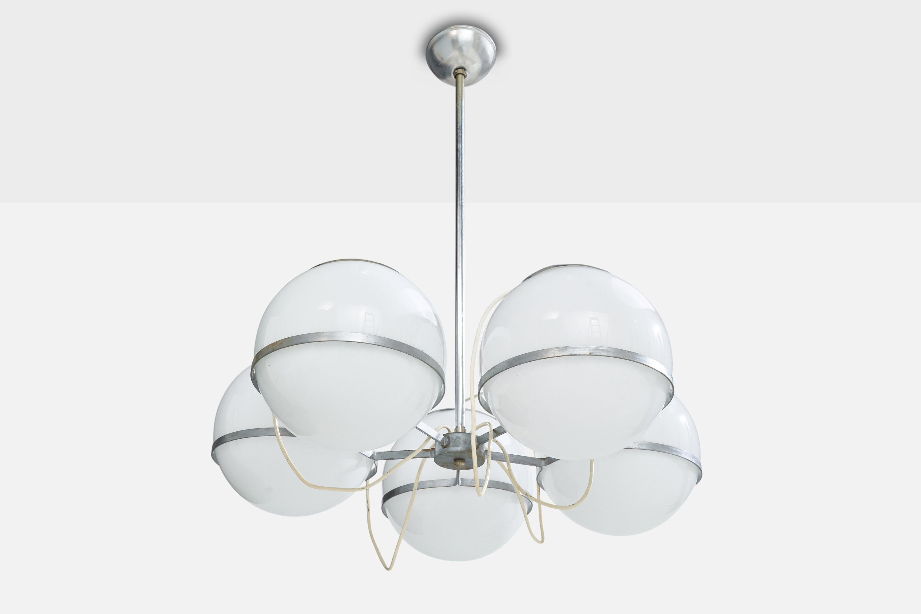 A metal and white opaline glass chandelier designed and produced in Italy, c. 1960s.

Overall Dimensions (inches): 27.5” H x 22” Diameter

Dimensions of Canopy: 1.75“ H x  4” Diameter 

Stem length: 21.5” H

Bulb Specifications: E-26  

Number of