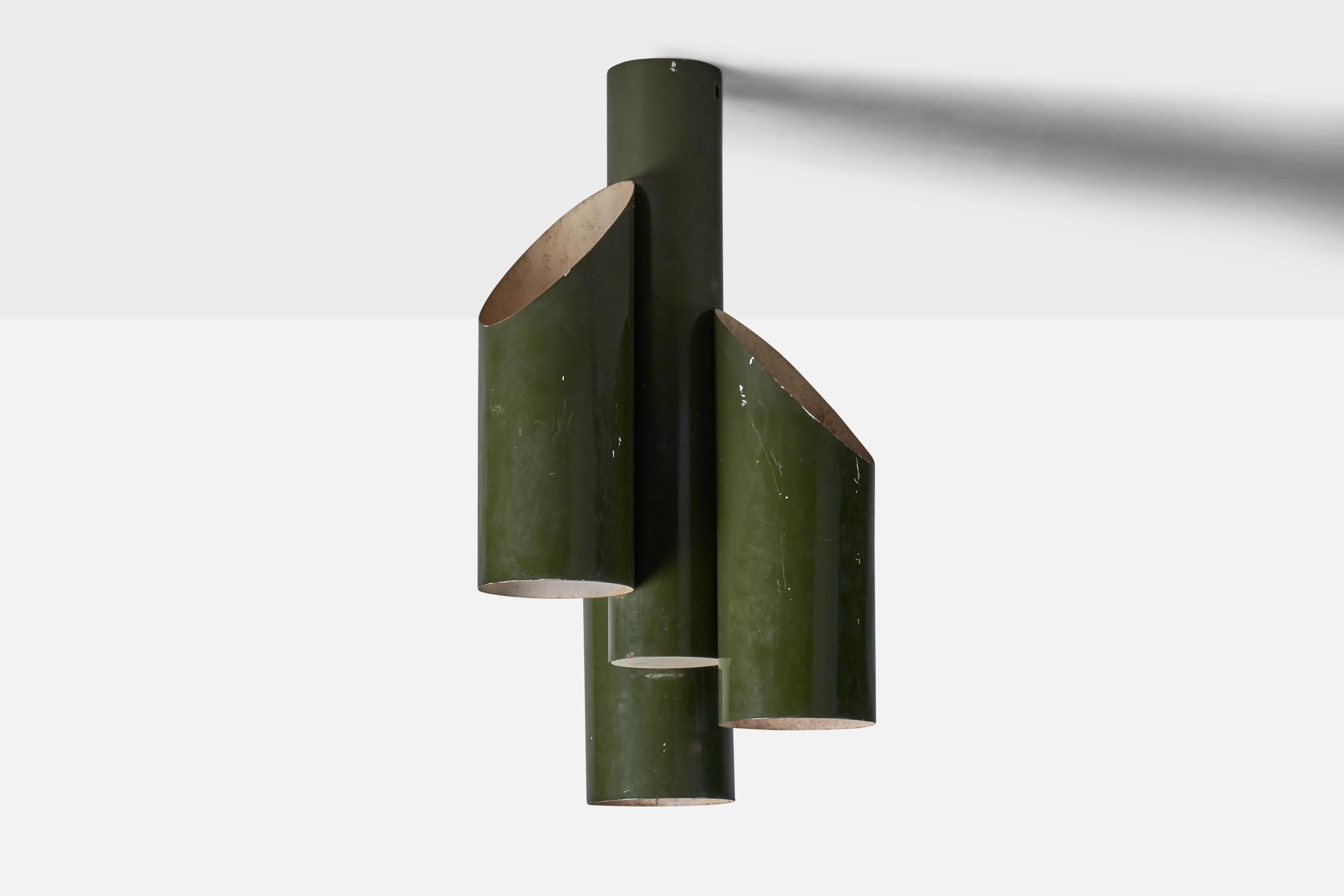 A green-lacquered metal chandelier designed and produced in Italy, 1940s.

Overall Dimensions (inches): 31