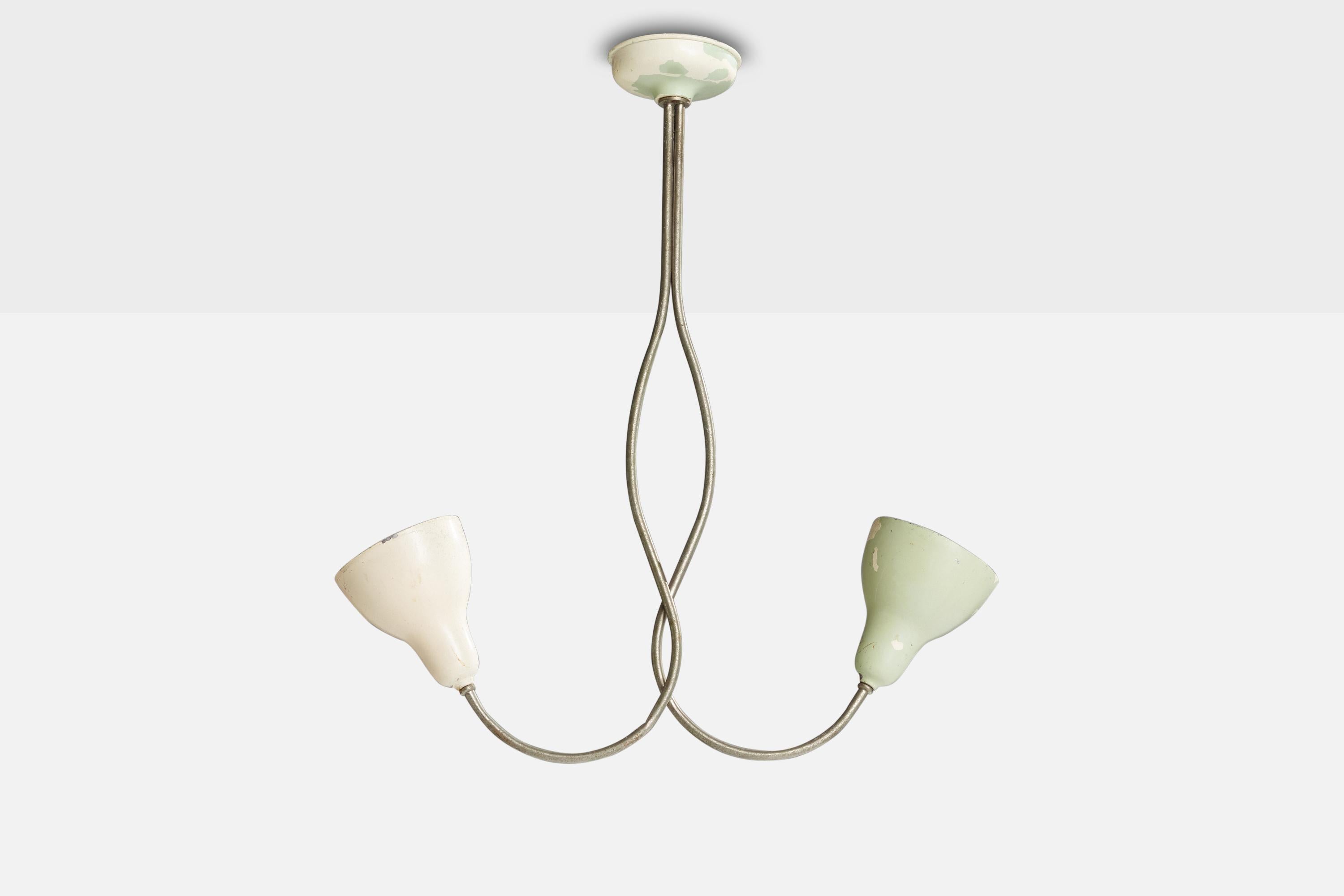 A white and green painted metal chandelier designed and produced in Italy, 1950s.

Dimensions of canopy (inches): 2” H x 5”  Diameter
Socket takes standard E-26 bulbs. 2 sockets. There is no maximum wattage stated on the fixture. All lighting will