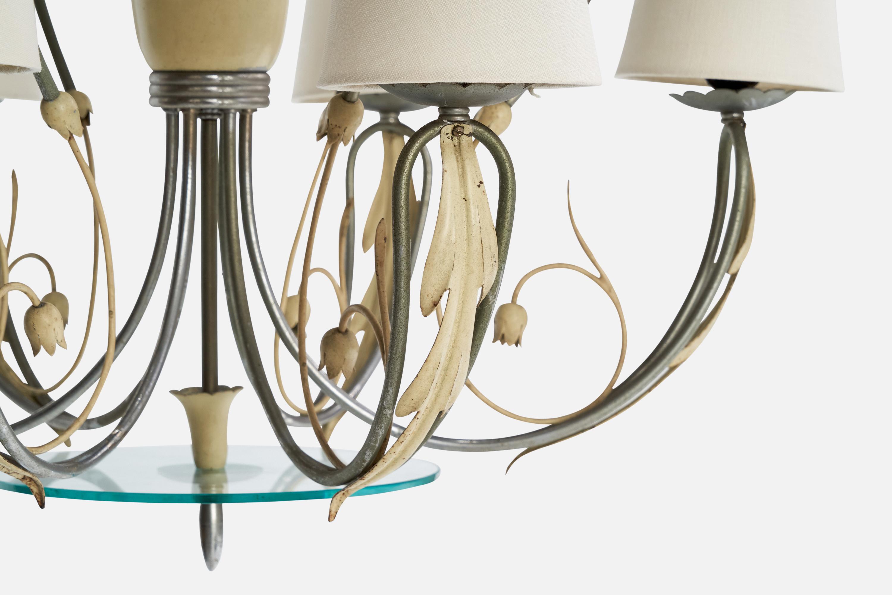 Lampadario di design italiano, nichel, metallo, vetro, tessuto, Italia, anni '30 in vendita 4