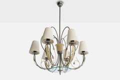 Italian Designer, Chandelier, Nickel, Metal, Glass, Fabric, Italy, 1930s
