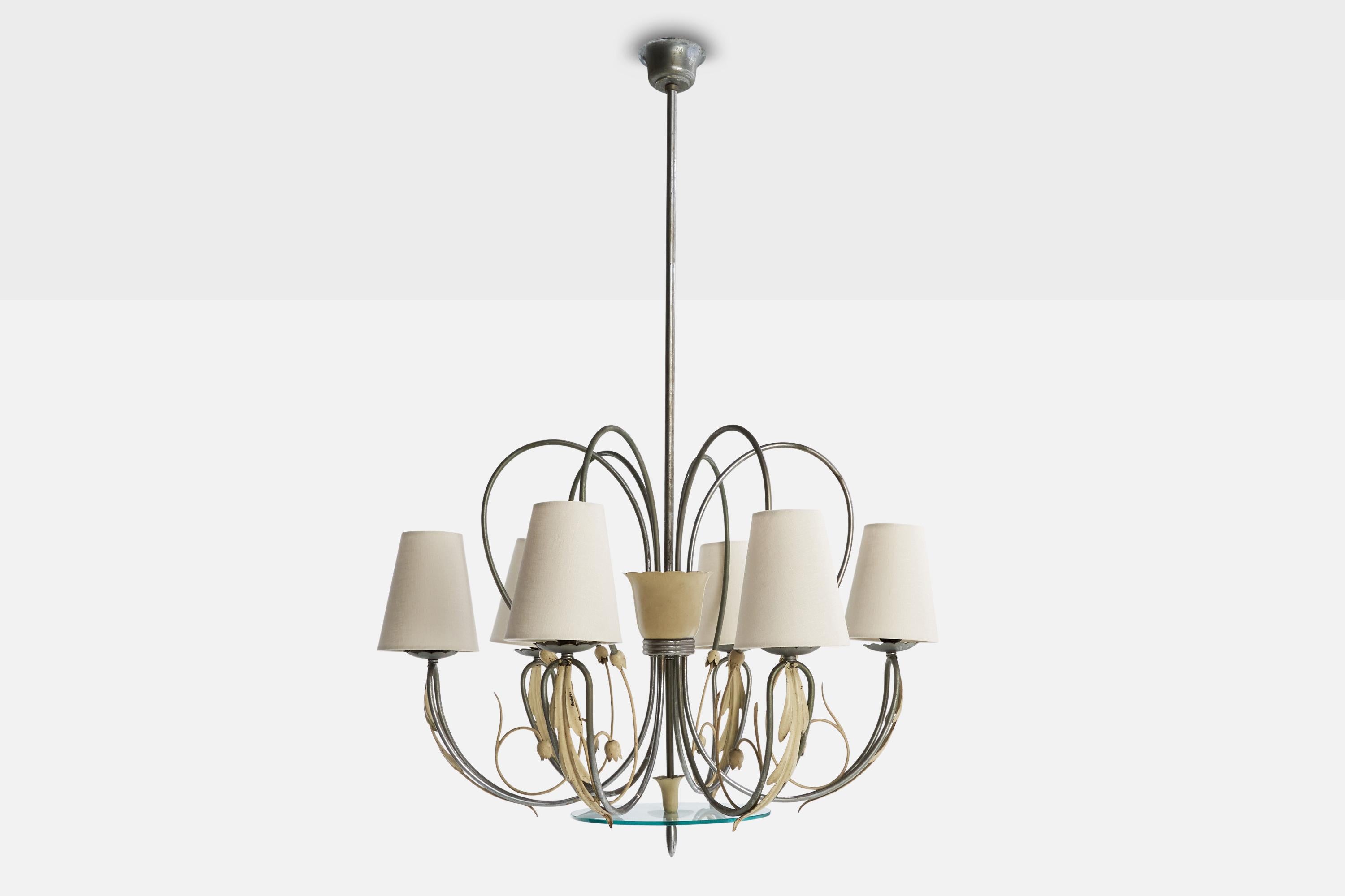 Italiano Lampadario di design italiano, nichel, metallo, vetro, tessuto, Italia, anni '30 in vendita