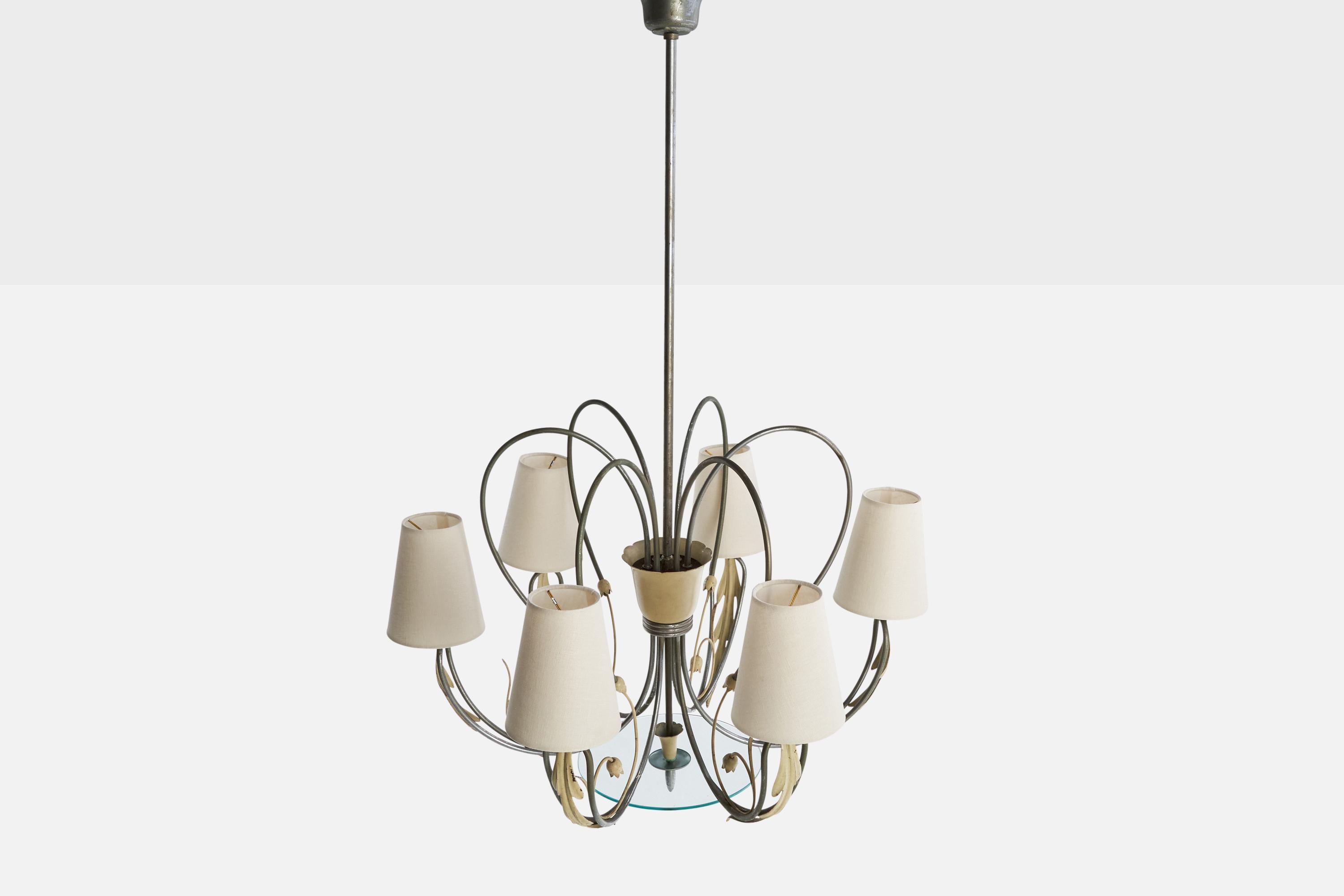 Metallo Lampadario di design italiano, nichel, metallo, vetro, tessuto, Italia, anni '30 in vendita