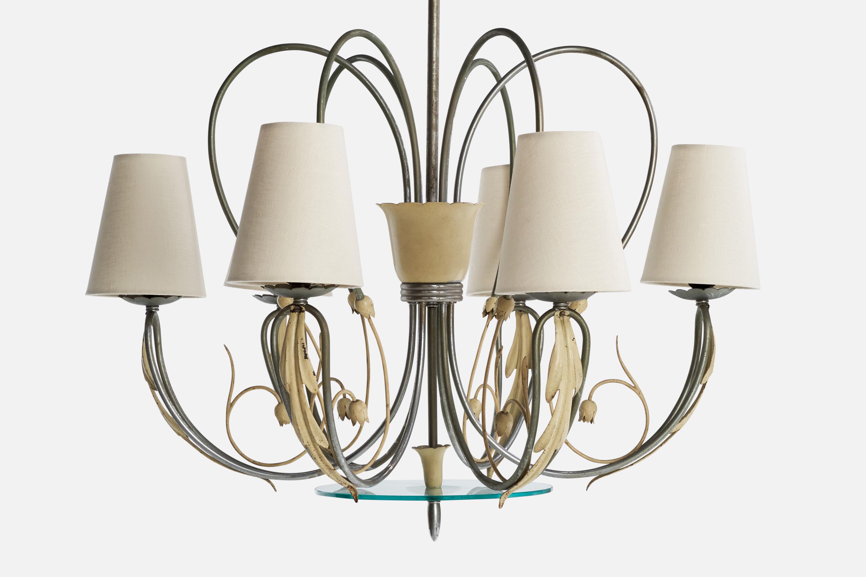 Lampadario di design italiano, nichel, metallo, vetro, tessuto, Italia, anni '30 in vendita 1