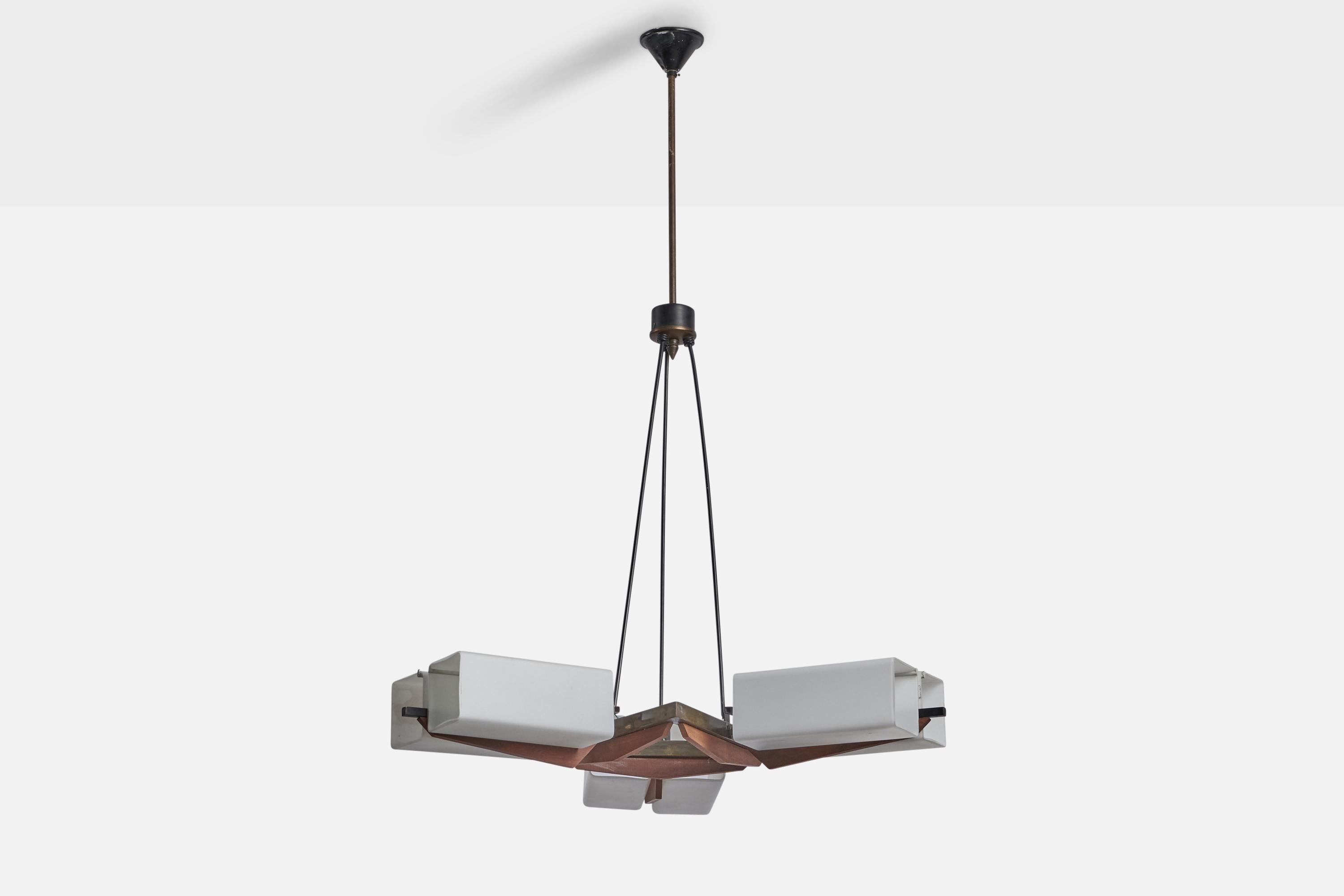 A brass, black-lacquered metal, opaline glass and teak chandelier designed and produced in Italy, 1950s.

Overall Dimensions (inches): 39” H x 27” Diameter
Bulb Specifications: E-14 Bulb
Number of Sockets: 6