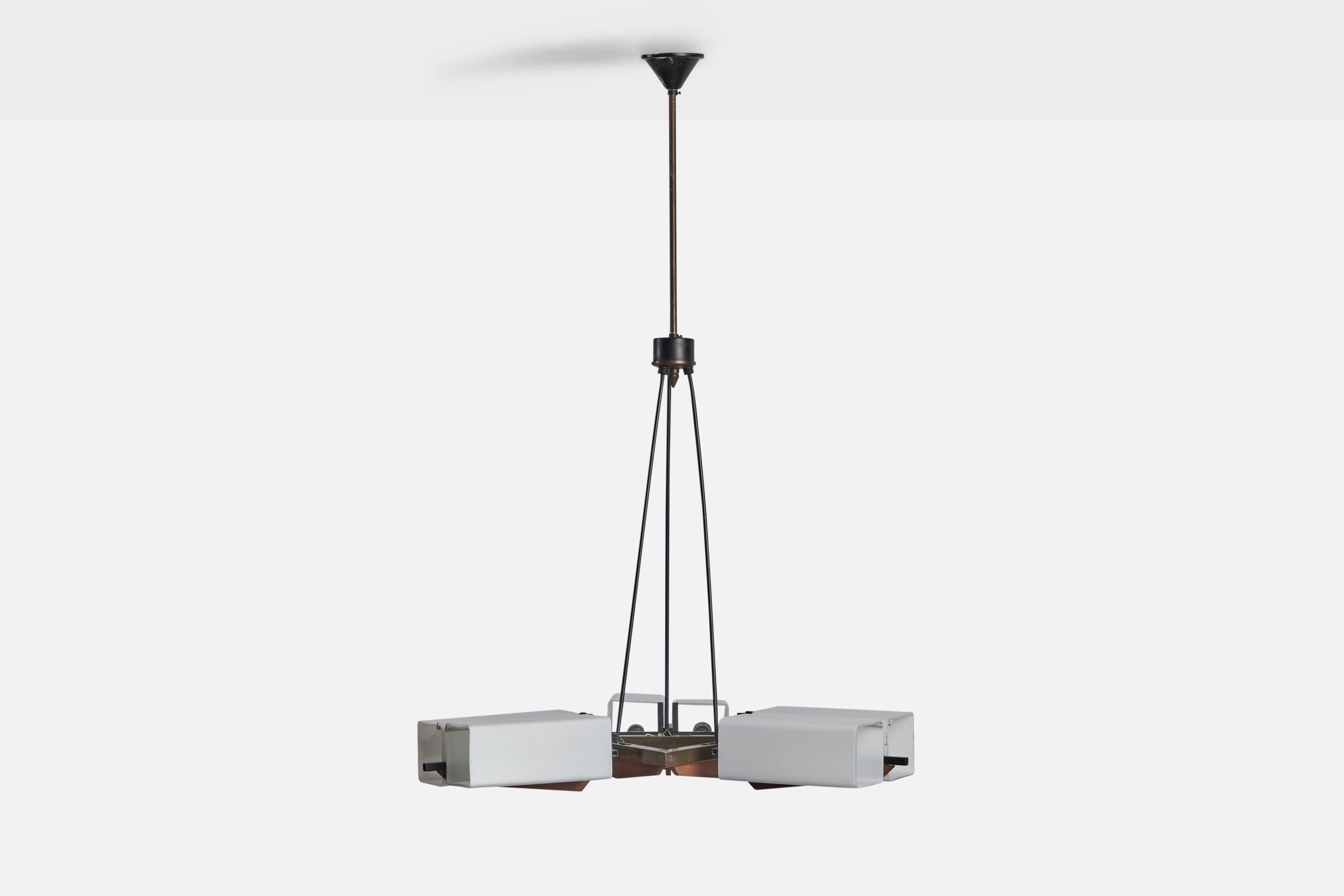 Mid-Century Modern Italian Designer, Chandelier, Teak, Metal, Brass, Glass, Italy, 1950s For Sale