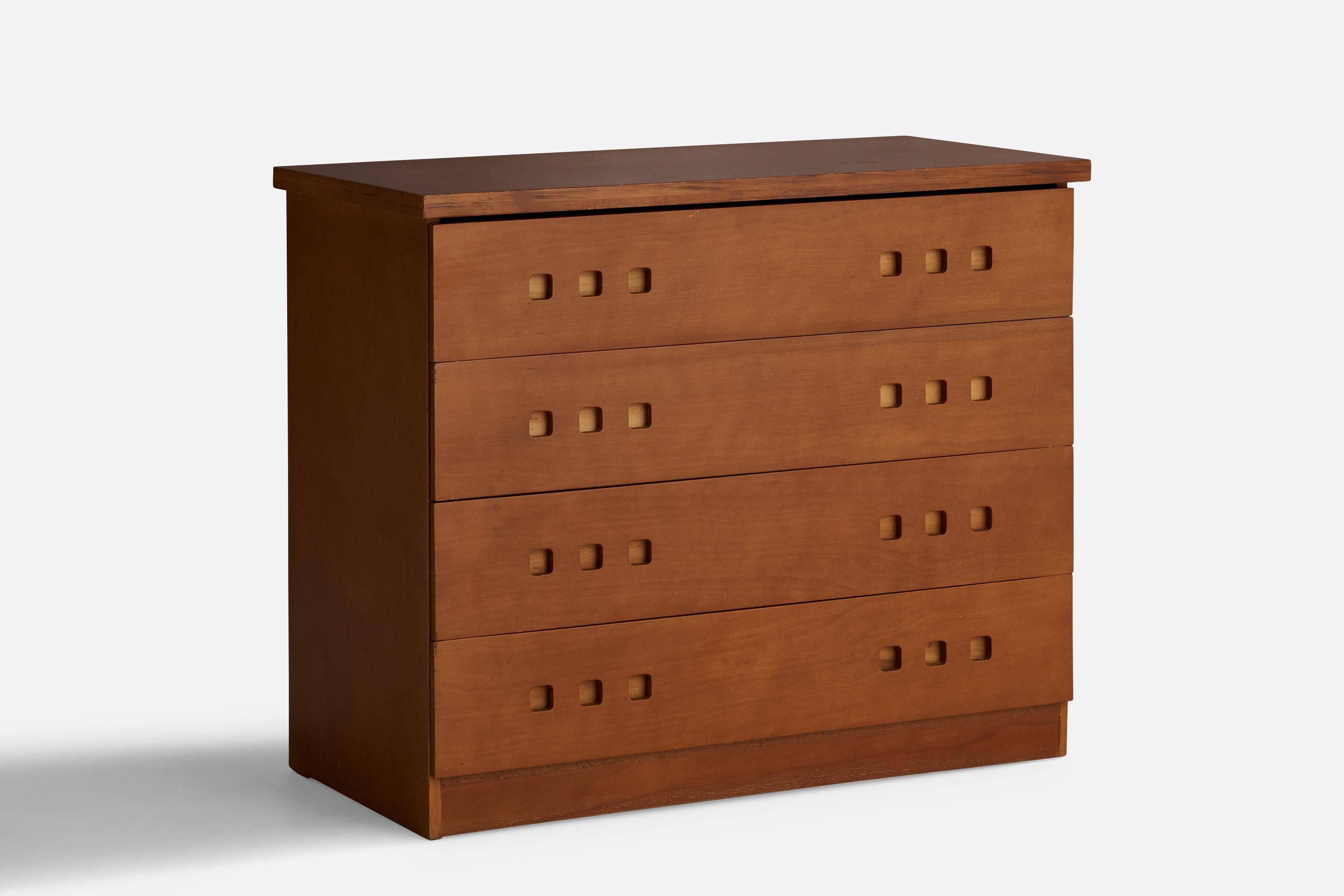 A wood-veneered chest of drawers or commode designed and produced in Italy, 1950s.