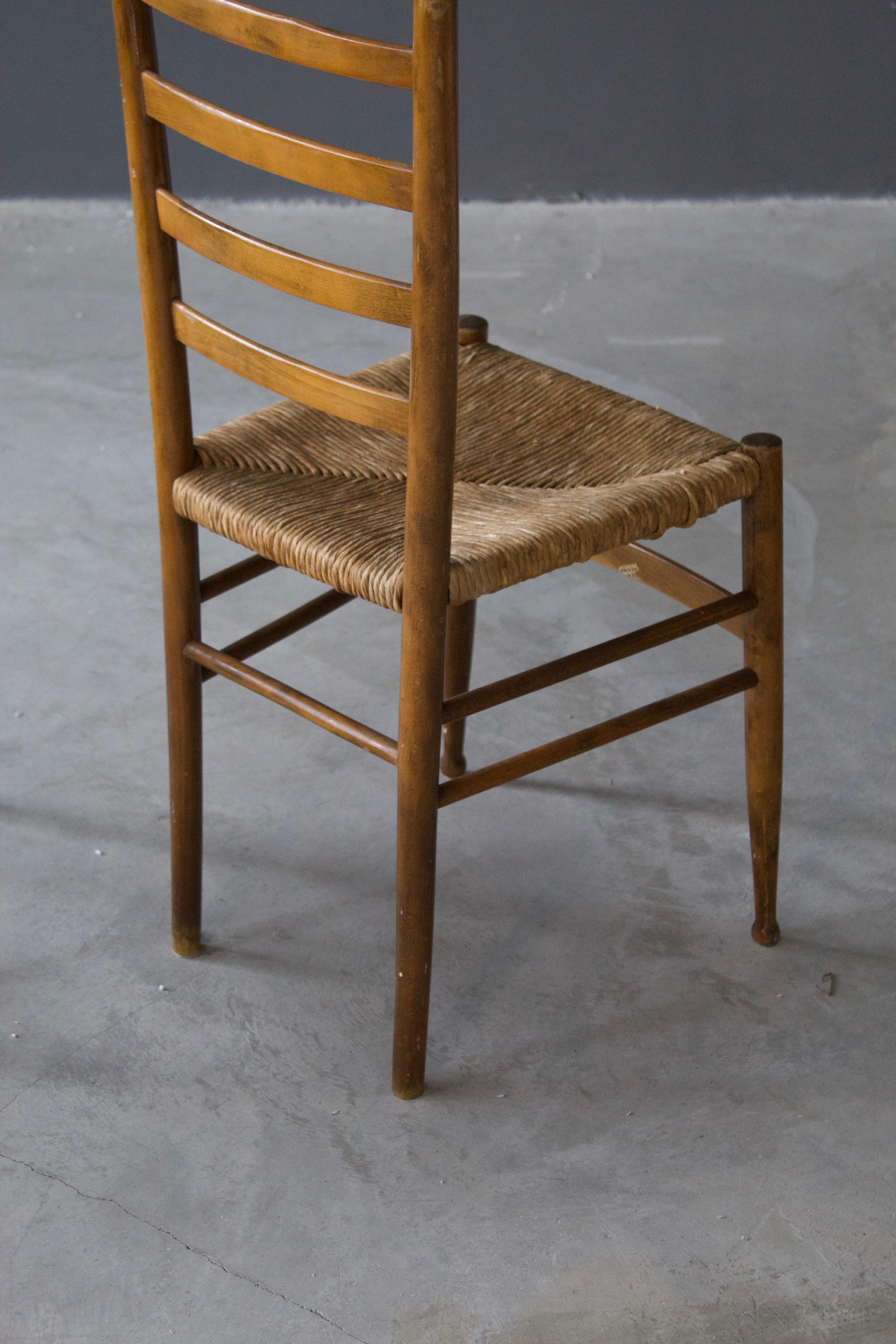 Mid-Century Modern Italian Designer, Chiavari Style Side Chairs, Wood, Seagrass, Italy, 1950s