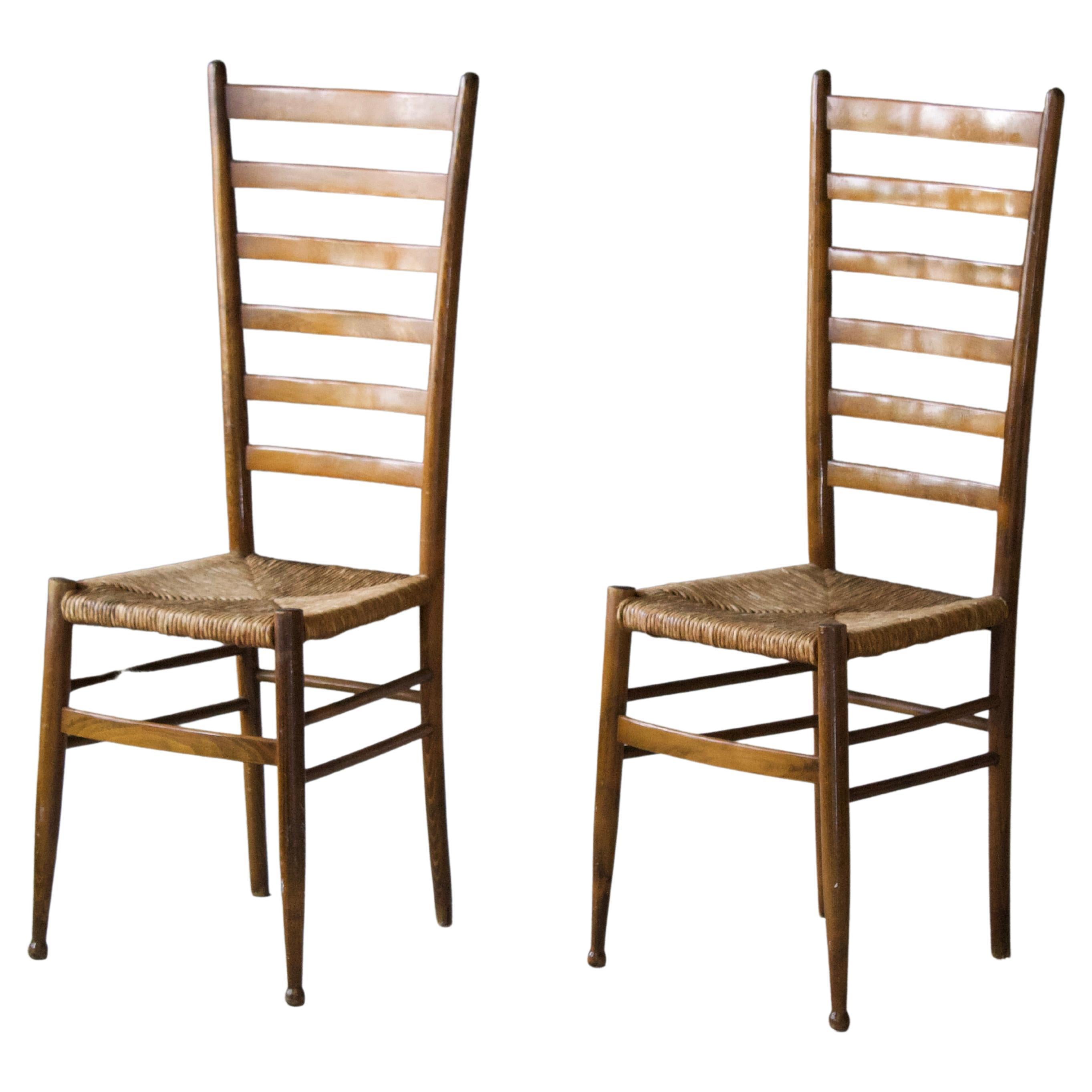 Italian Designer, Chiavari Style Side Chairs, Wood, Seagrass, Italy, 1950s