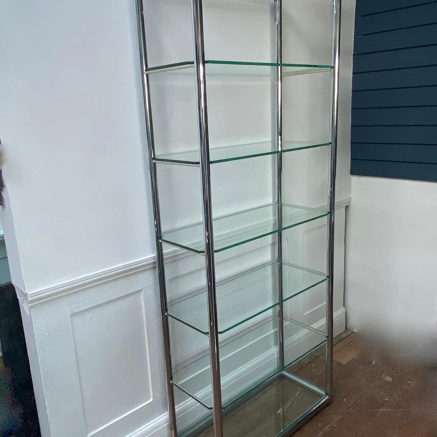 A good quality set of chrome and glass shelves, made in Italy. Beautifully made with a thick tempered glass and tubular chromed steel. Having six shelves in total. Would suit a modern or period interior. Great for a home, club, restaurant, bar or